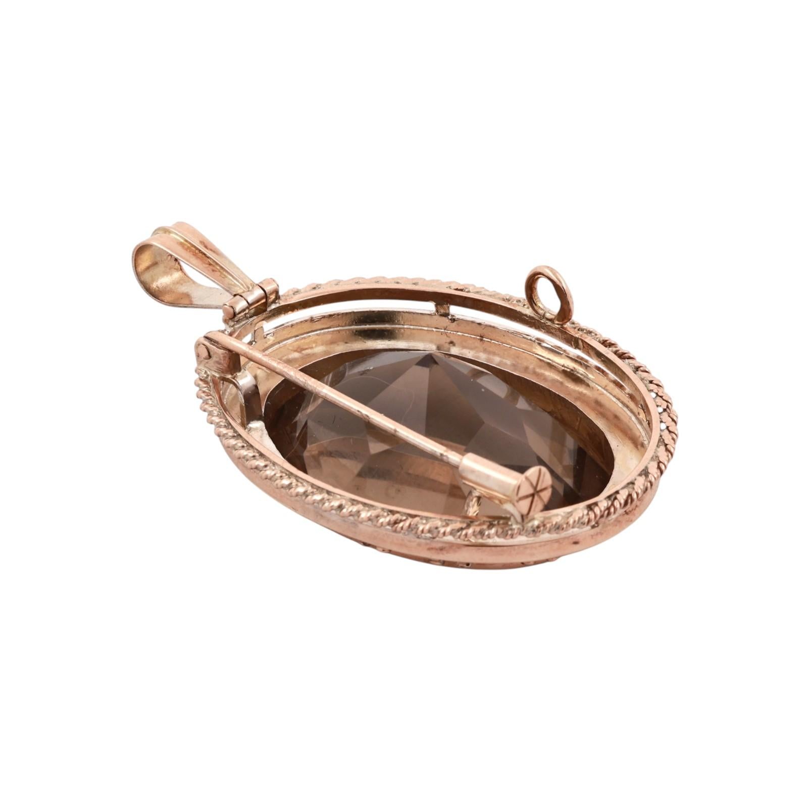 Yellow Gold 50ct Smoky Quartz Oval Rope Bezel Convertible Brooch Pin Pendant