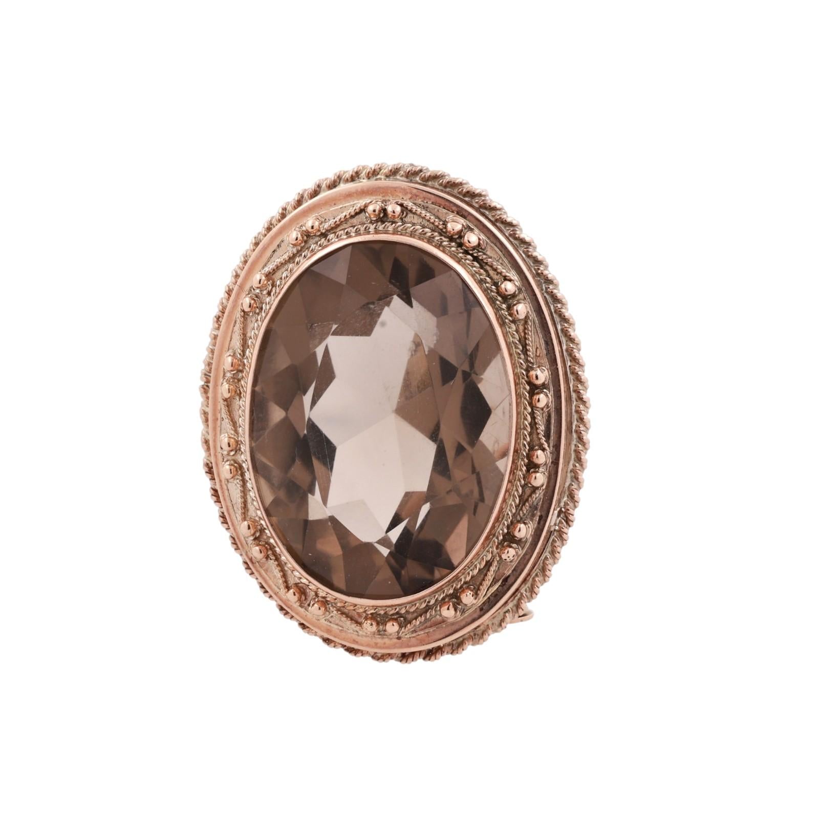 Yellow Gold 50ct Smoky Quartz Oval Rope Bezel Convertible Brooch Pin Pendant