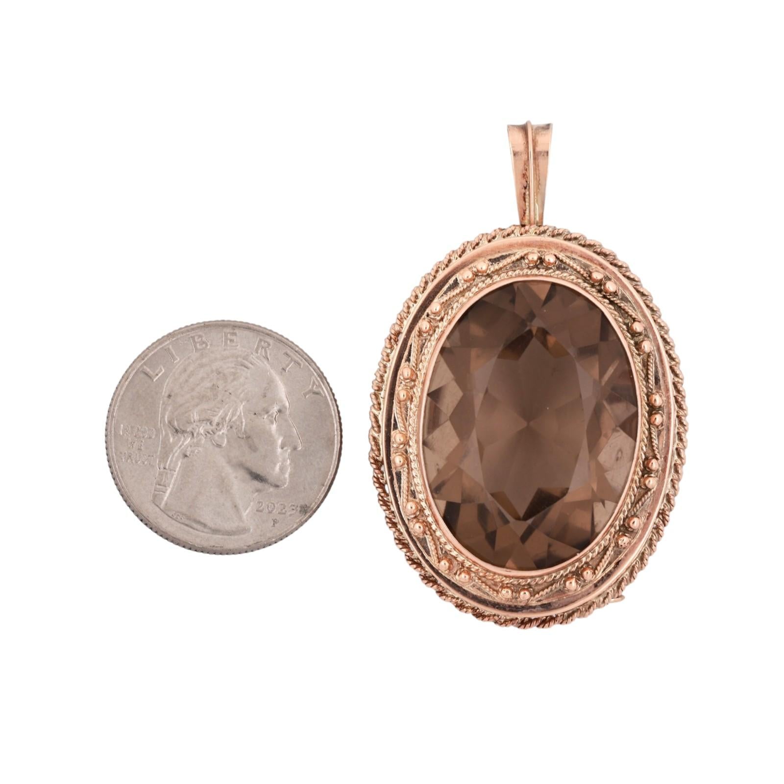 Yellow Gold 50ct Smoky Quartz Oval Rope Bezel Convertible Brooch Pin Pendant