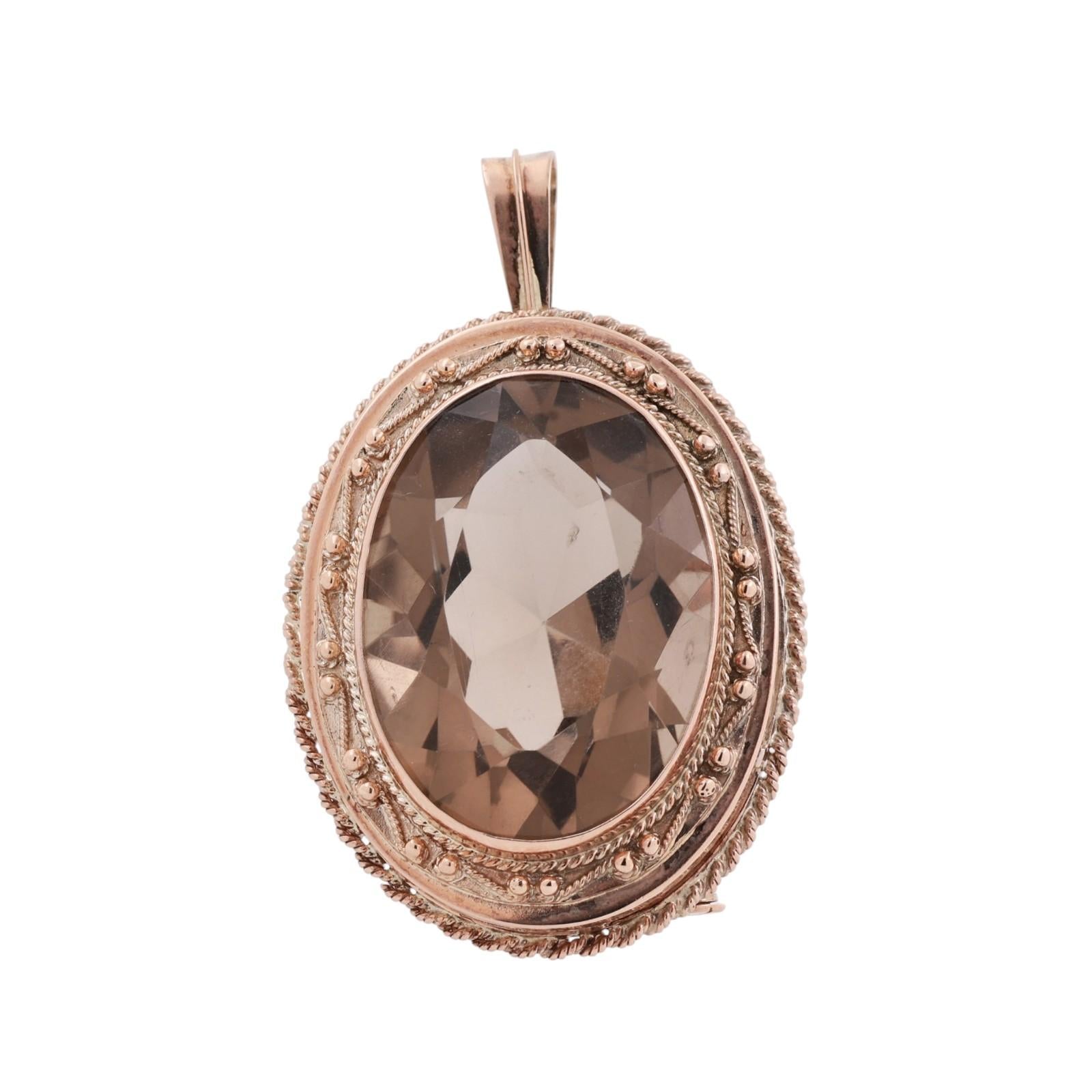 Yellow Gold 50ct Smoky Quartz Oval Rope Bezel Convertible Brooch Pin Pendant