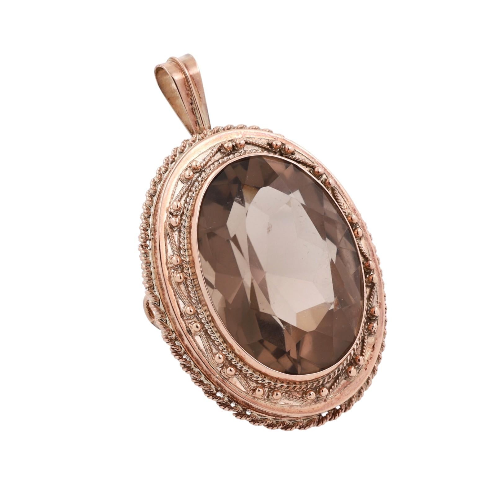 Yellow Gold 50ct Smoky Quartz Oval Rope Bezel Convertible Brooch Pin Pendant