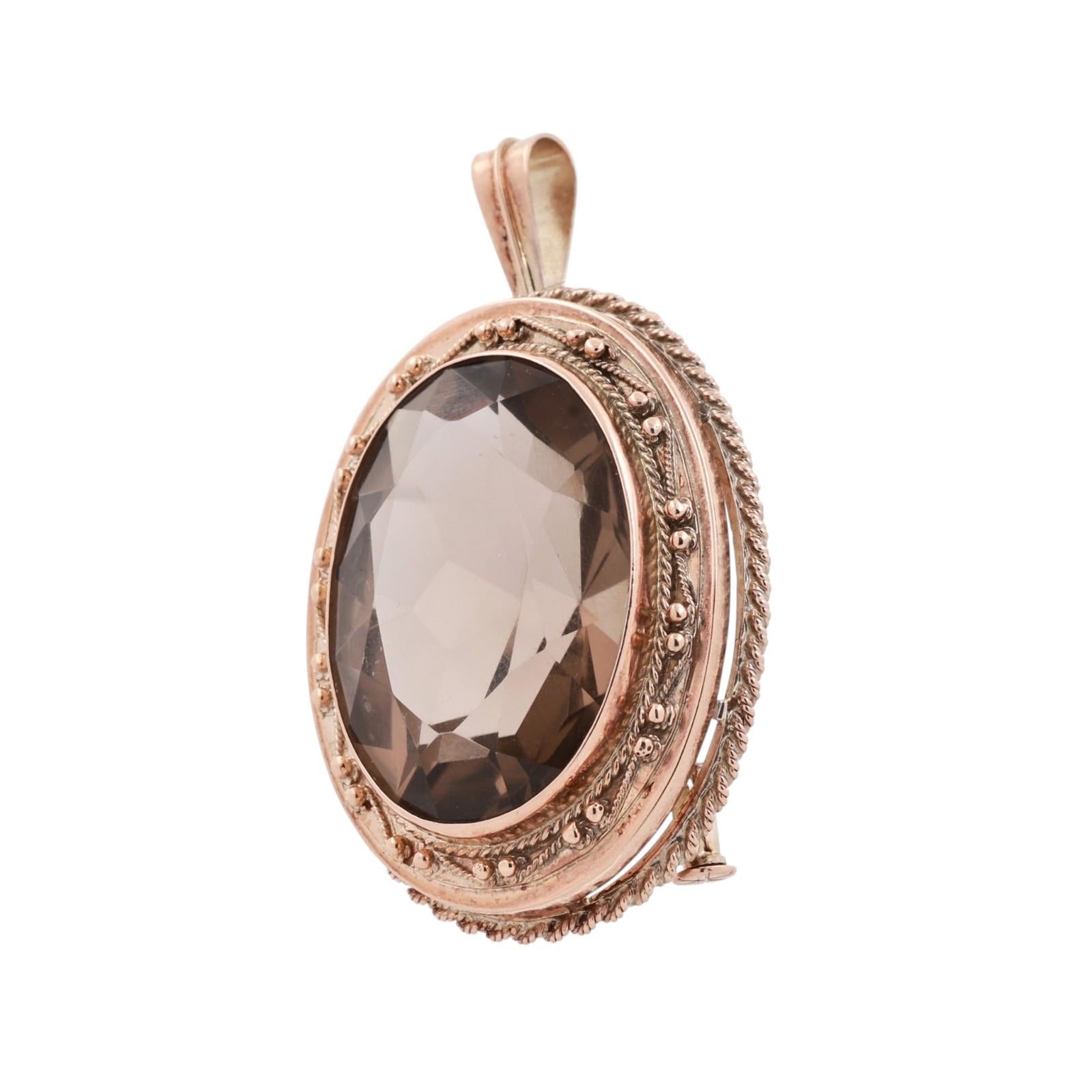 Yellow Gold 50ct Smoky Quartz Oval Rope Bezel Convertible Brooch Pin Pendant
