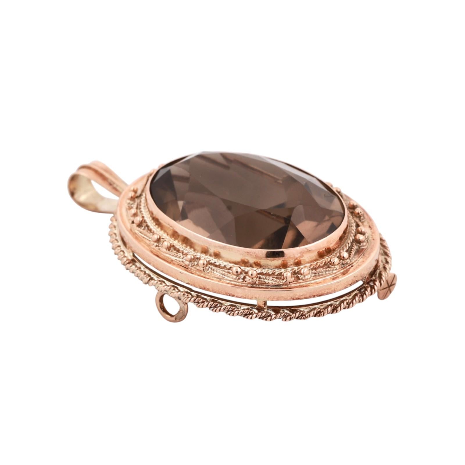 Yellow Gold 50ct Smoky Quartz Oval Rope Bezel Convertible Brooch Pin Pendant