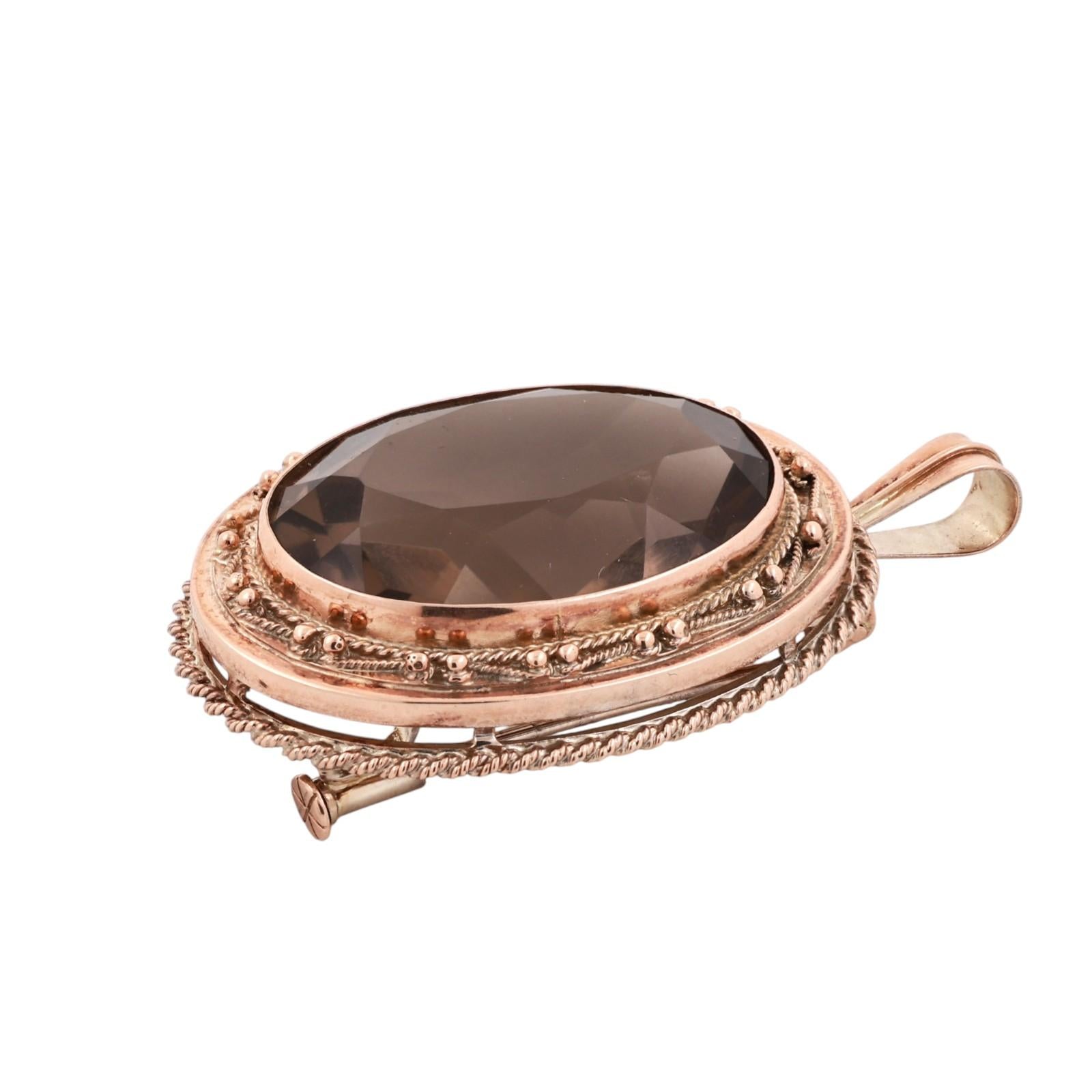 Yellow Gold 50ct Smoky Quartz Oval Rope Bezel Convertible Brooch Pin Pendant