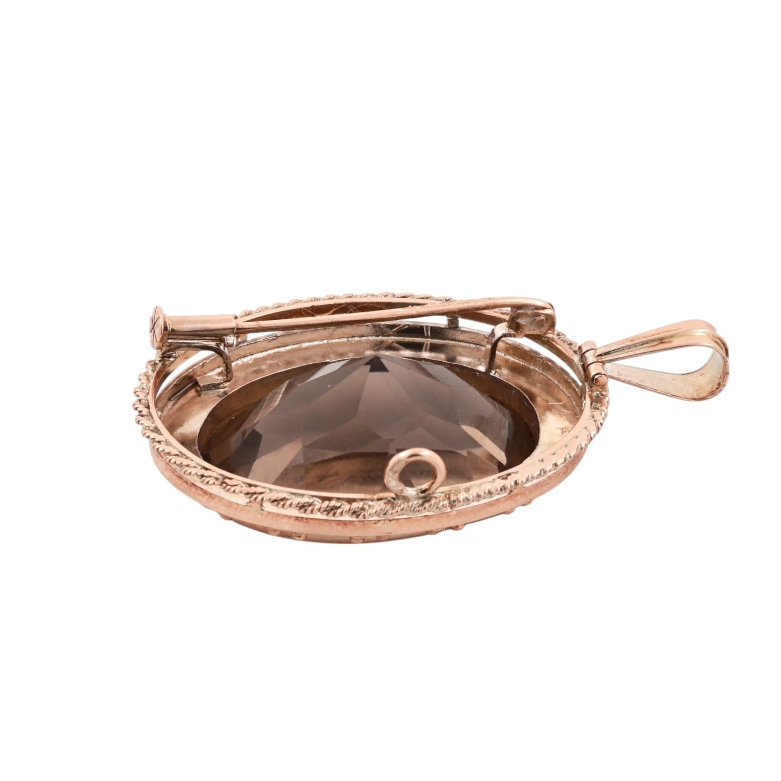 Yellow Gold 50ct Smoky Quartz Oval Rope Bezel Convertible Brooch Pin Pendant