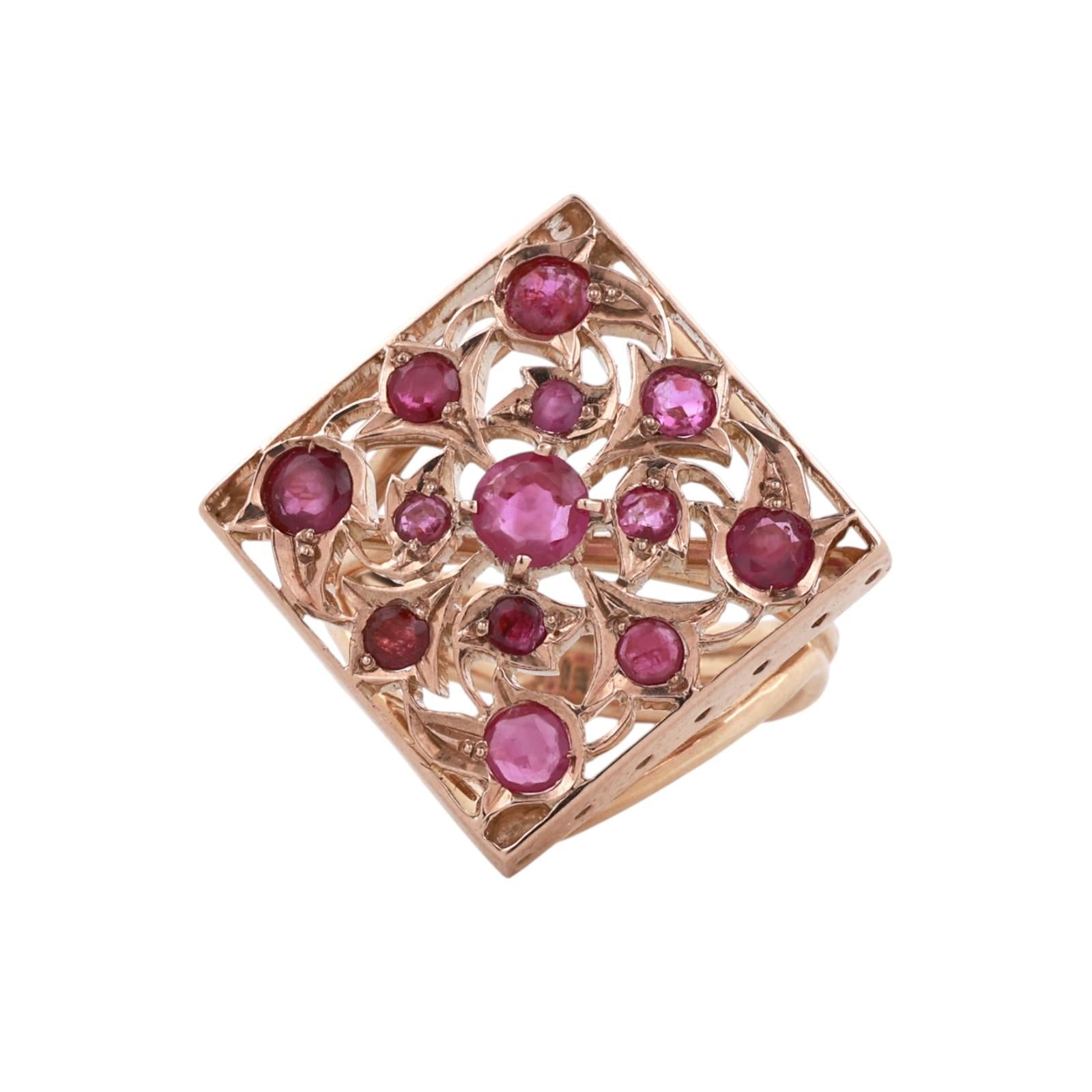 Yellow Gold 1.14ctw Natural Ruby Square Openwork Filigree Cocktail Ring Sz 8.25