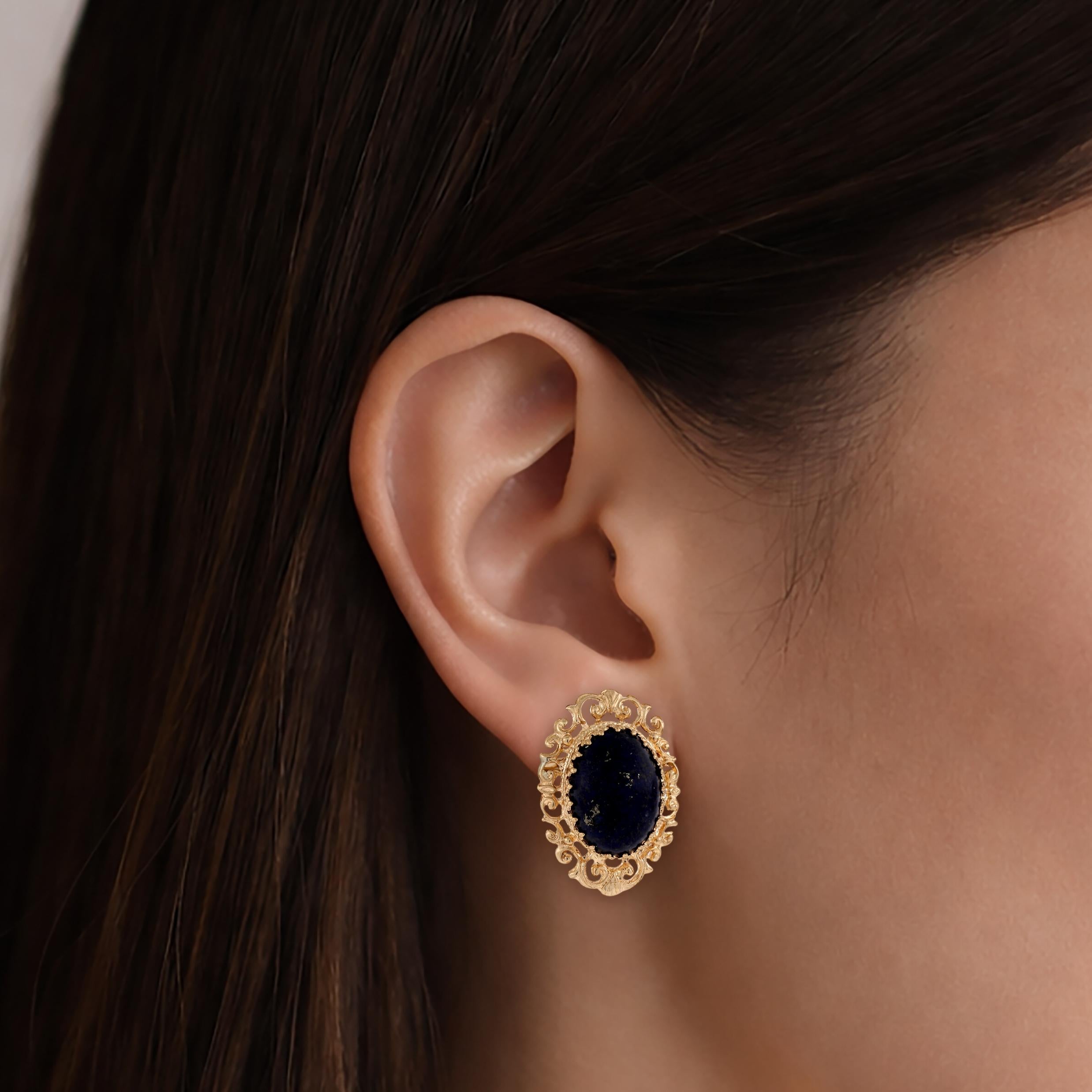Vintage Yellow Gold Lapis Lazuli Oval Filigree Earrings 21.70CTW