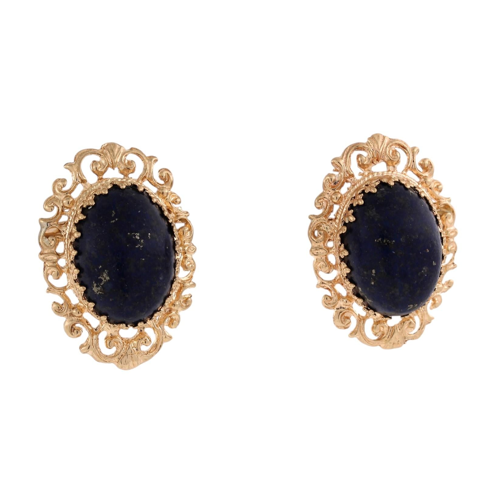 Vintage Yellow Gold Lapis Lazuli Oval Filigree Earrings 21.70CTW
