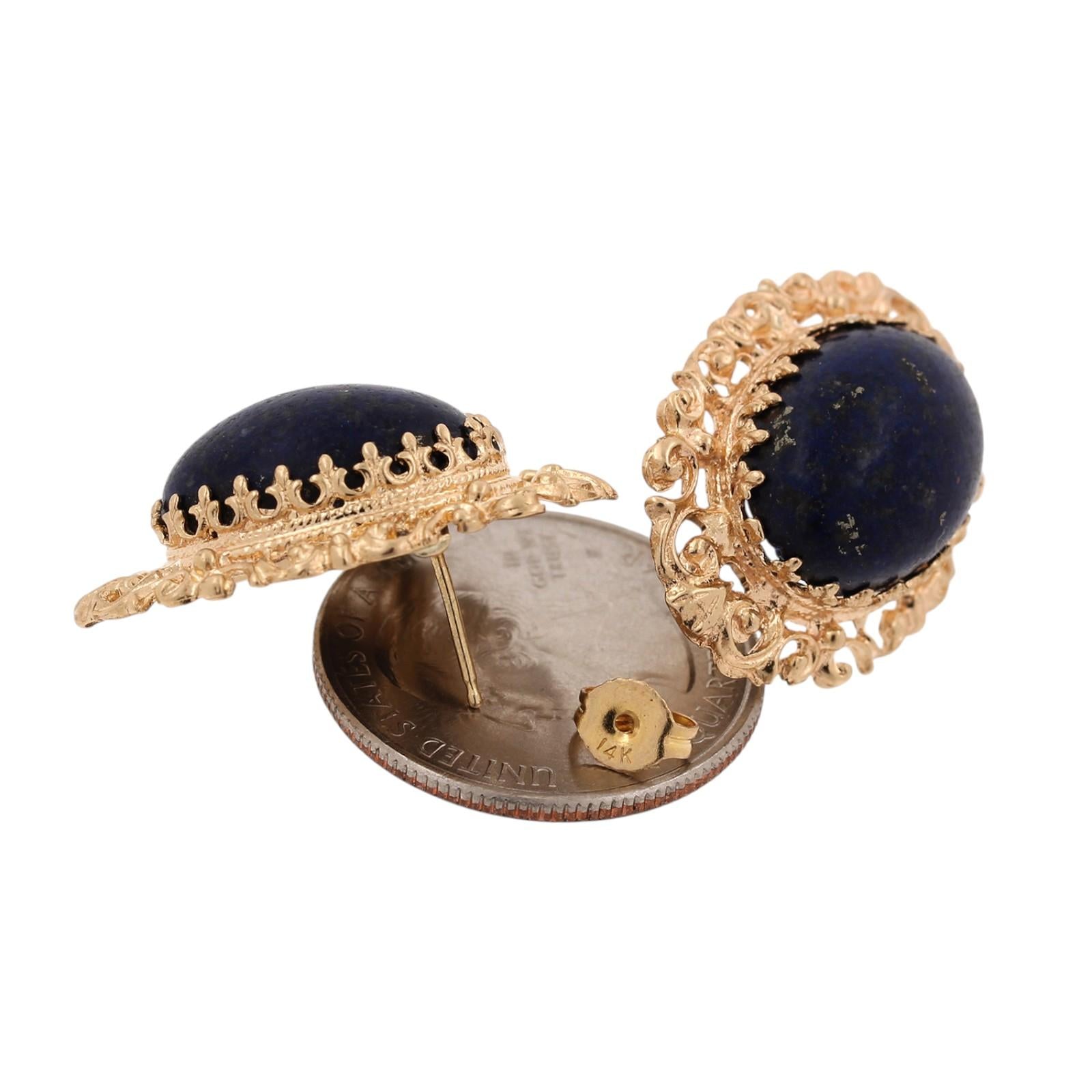 Vintage Yellow Gold Lapis Lazuli Oval Filigree Earrings 21.70CTW