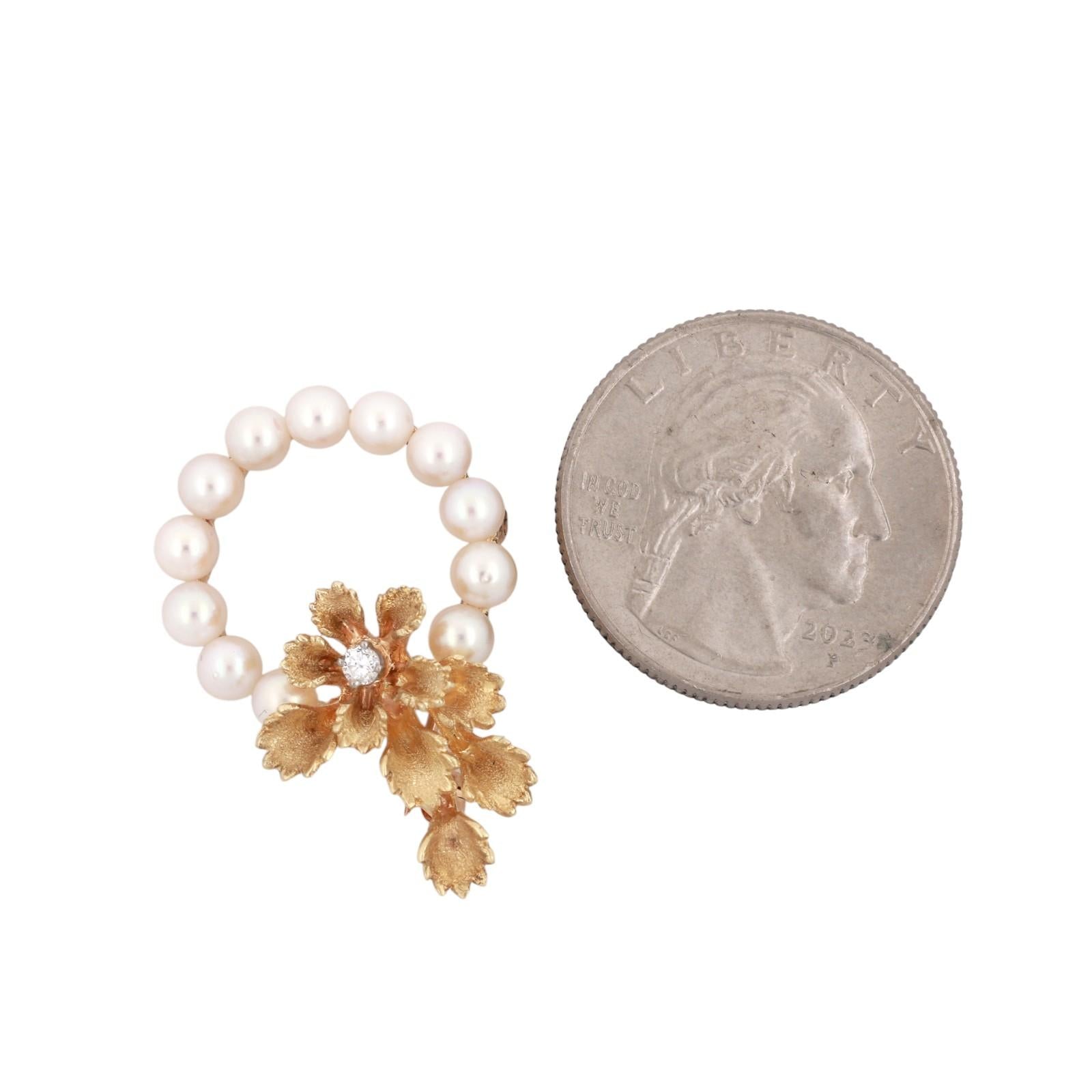 Yellow Gold Akoya Pearl Diamond Floral Leaf Wreath Brooch Pin