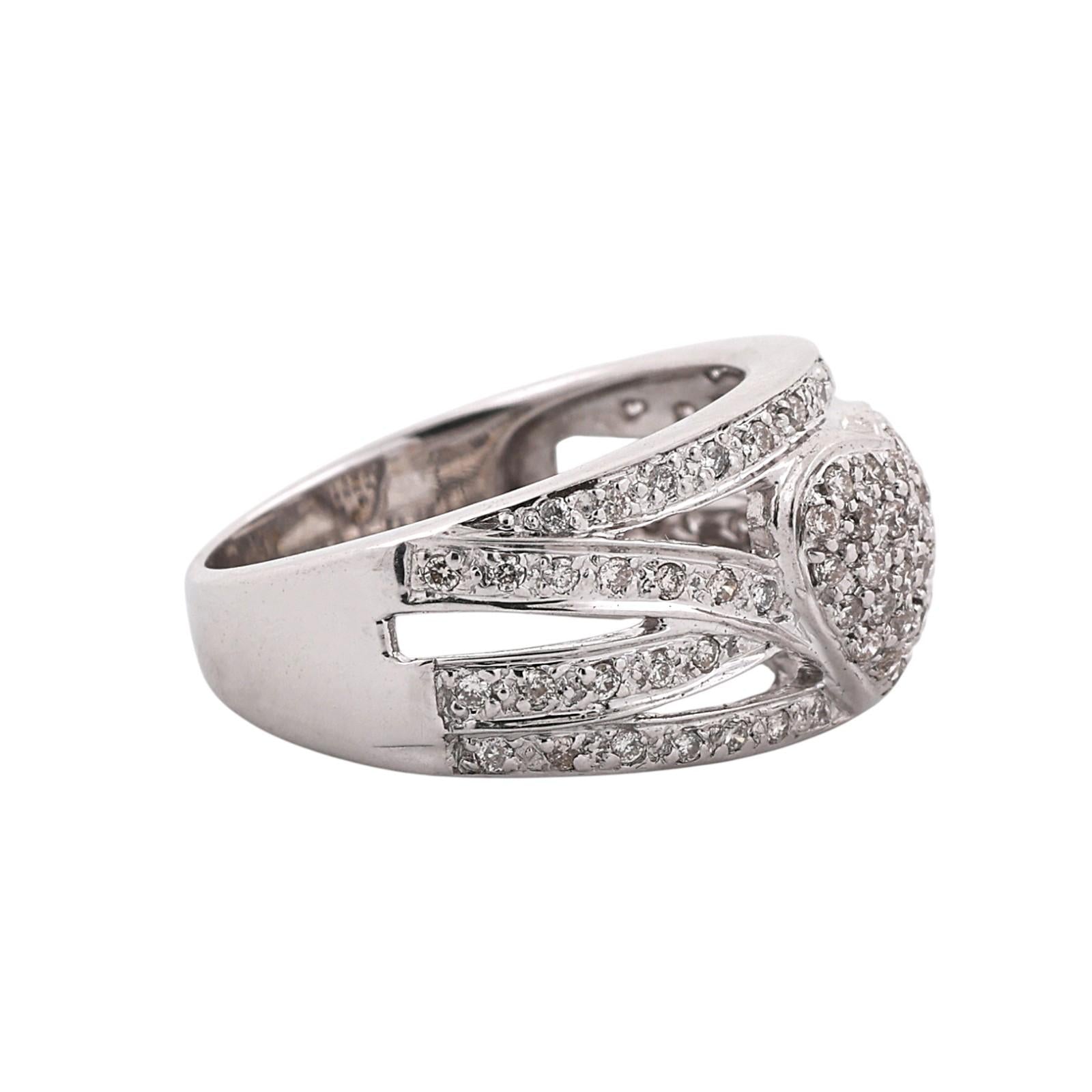14K White Gold Diamond Pave Heart Cluster Ring Multi-Row Band 0.60CTW Sz 6.25