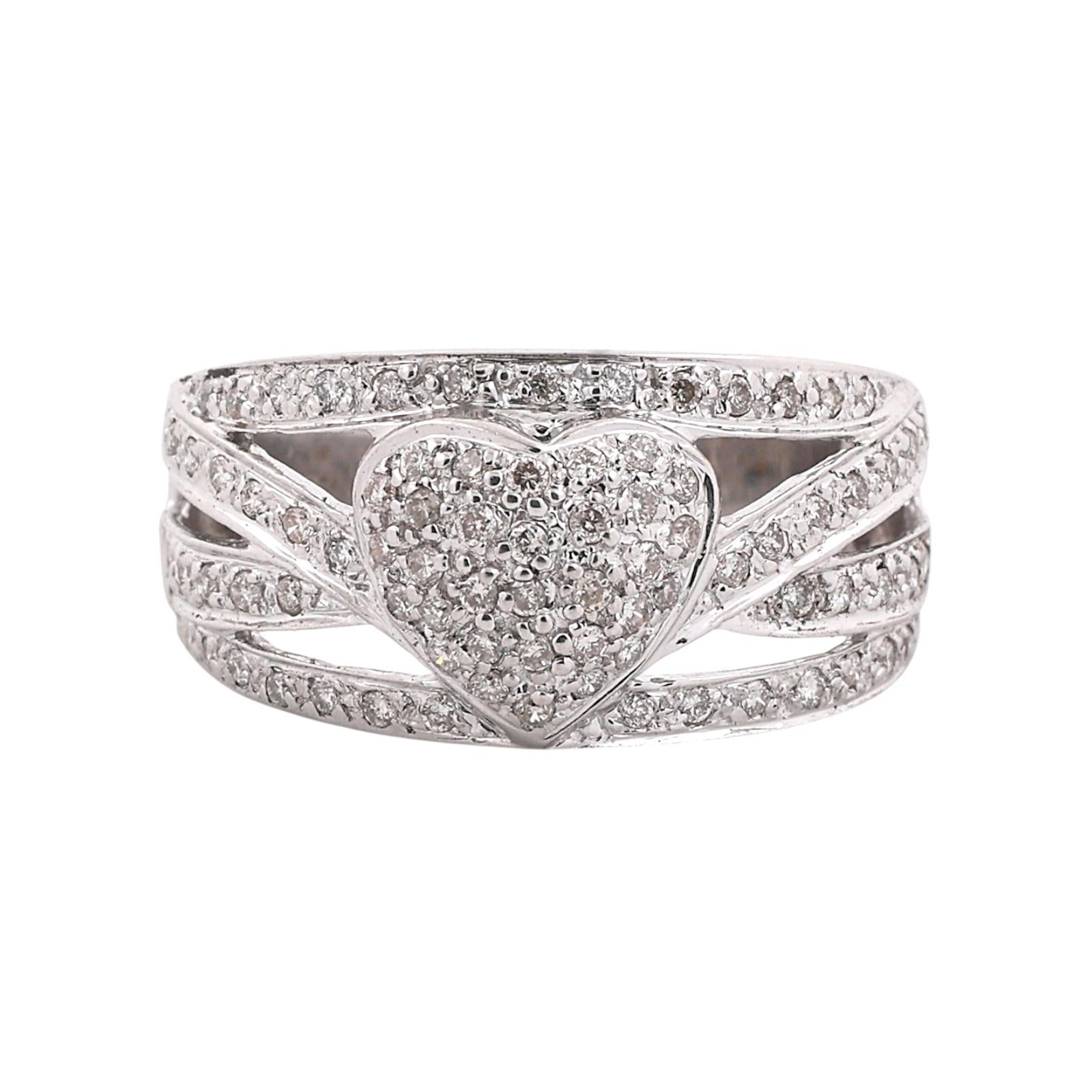 14K White Gold Diamond Pave Heart Cluster Ring Multi-Row Band 0.60CTW Sz 6.25