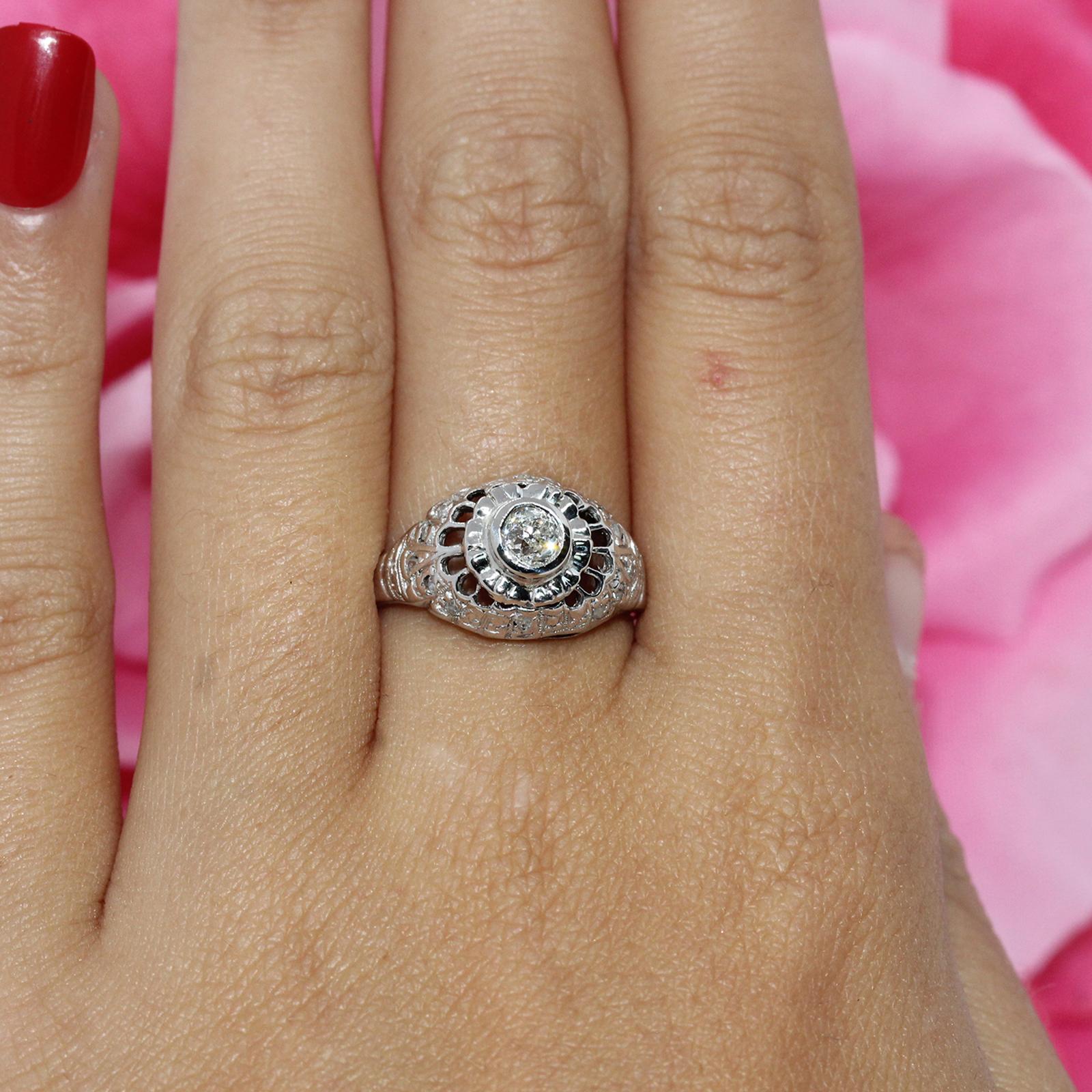 Antique Style 14K White Gold Diamond Ring Old European Cut Filigree 0.26ctw Sz 5