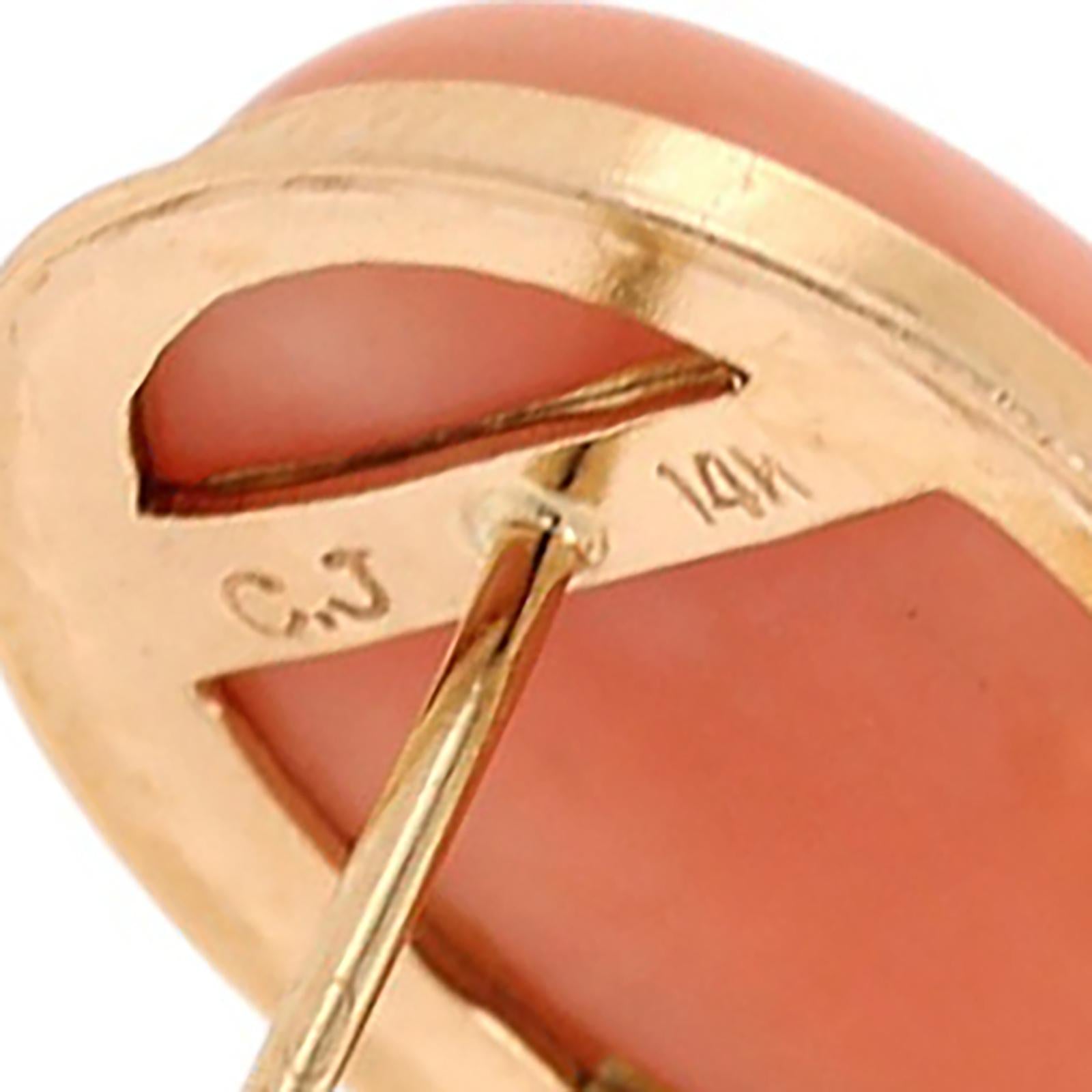 14K Yellow Gold Oval Angel Skin Coral Bezel Set Stud Earrings 16.5x12mm