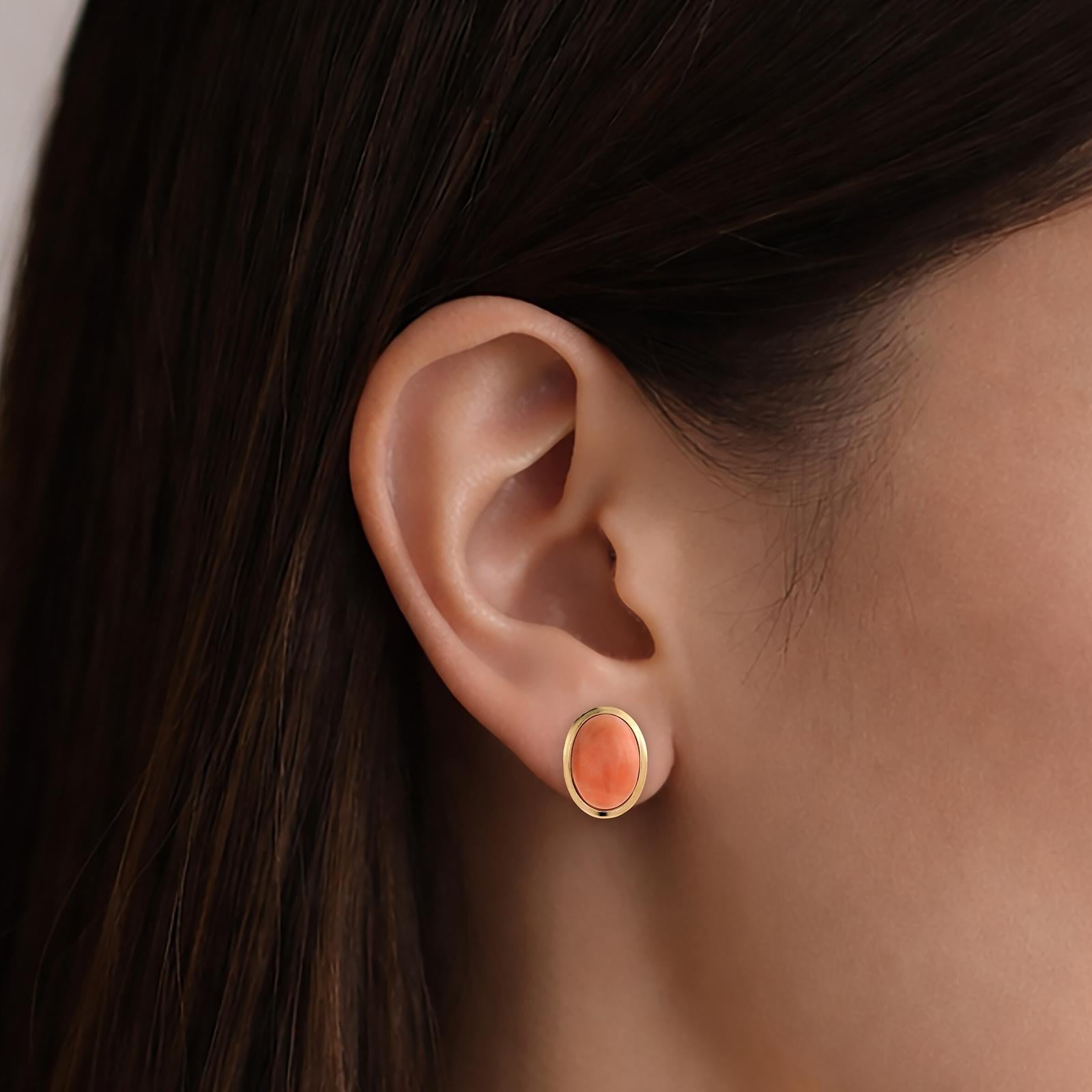 14K Yellow Gold Oval Angel Skin Coral Bezel Set Stud Earrings 16.5x12mm