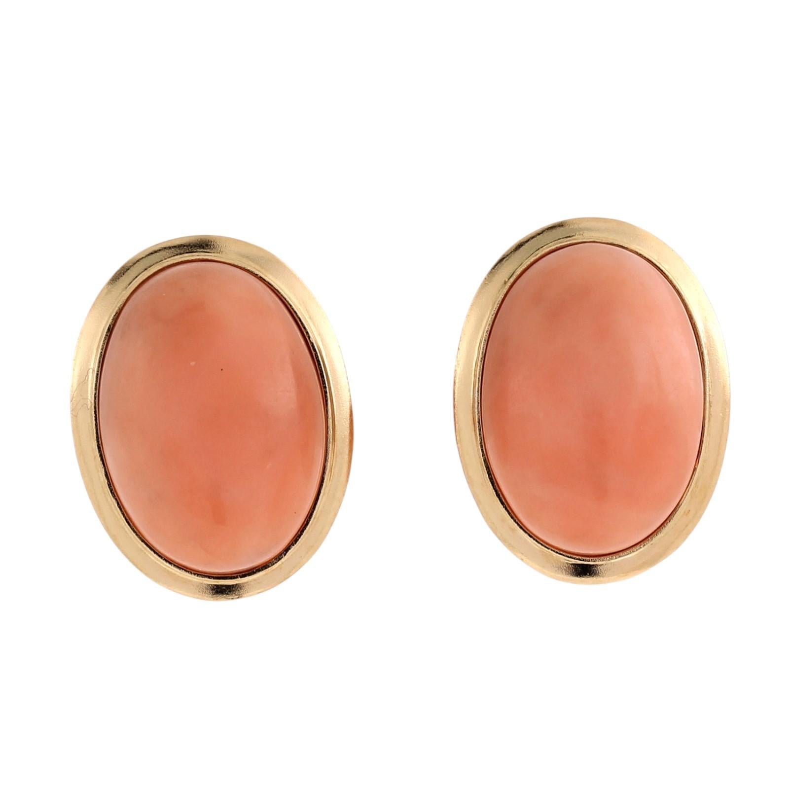 14K Yellow Gold Oval Angel Skin Coral Bezel Set Stud Earrings 16.5x12mm