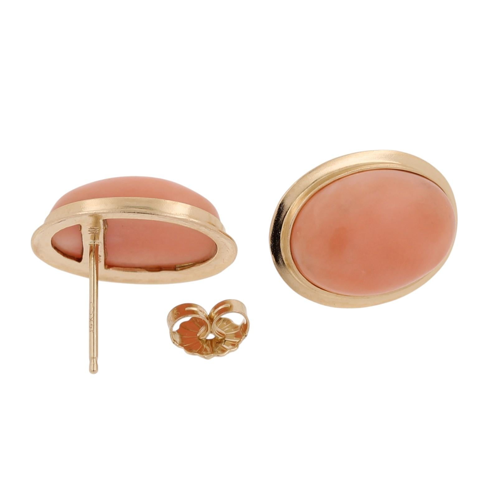 14K Yellow Gold Oval Angel Skin Coral Bezel Set Stud Earrings 16.5x12mm