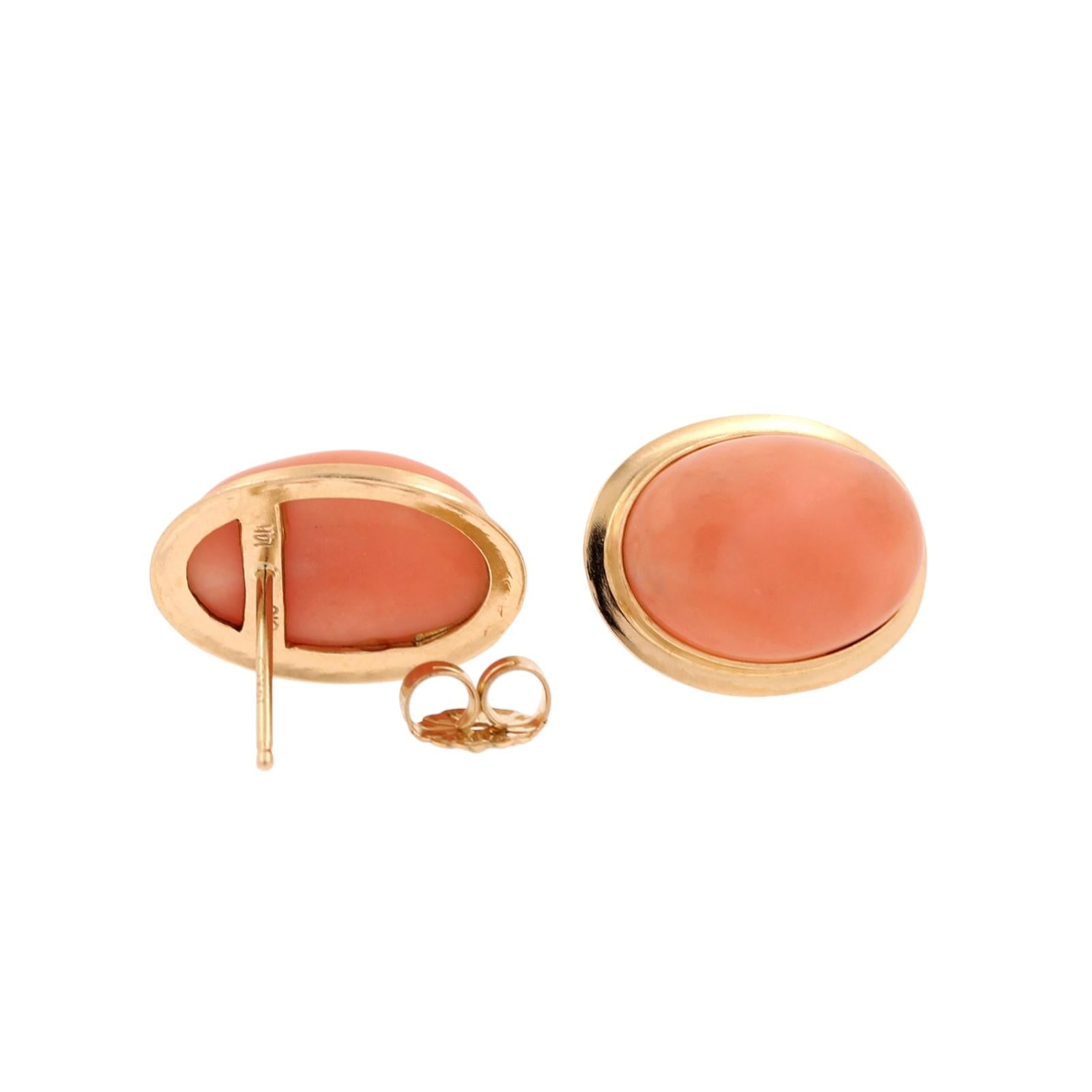 14K Yellow Gold Oval Angel Skin Coral Bezel Set Stud Earrings 16.5x12mm
