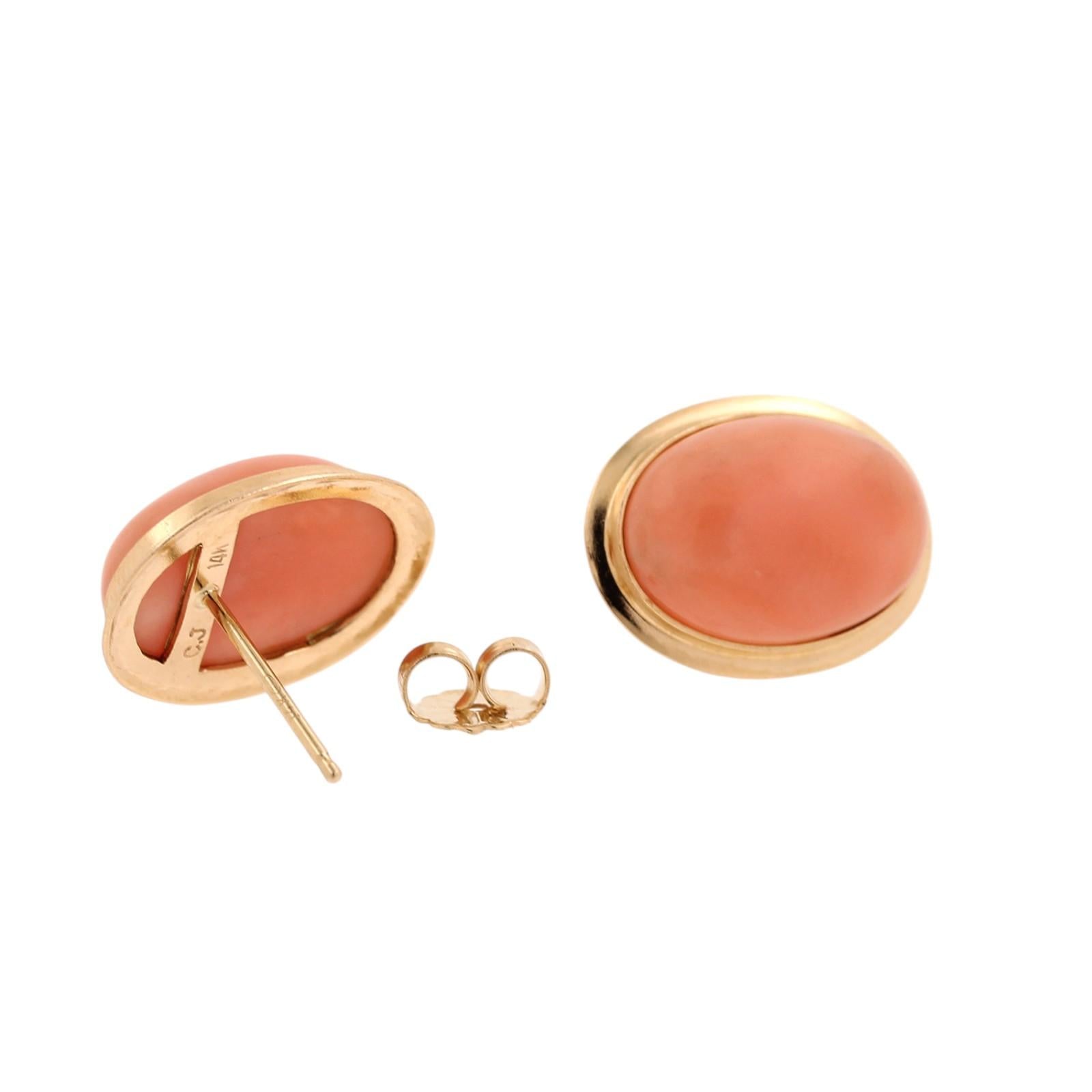 14K Yellow Gold Oval Angel Skin Coral Bezel Set Stud Earrings 16.5x12mm