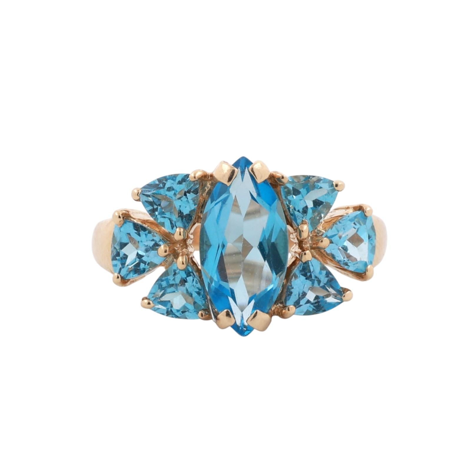 14K Yellow Gold 3.83CTW Blue Topaz Marquise & Trillion Cut Cocktail Ring Sz 6.5