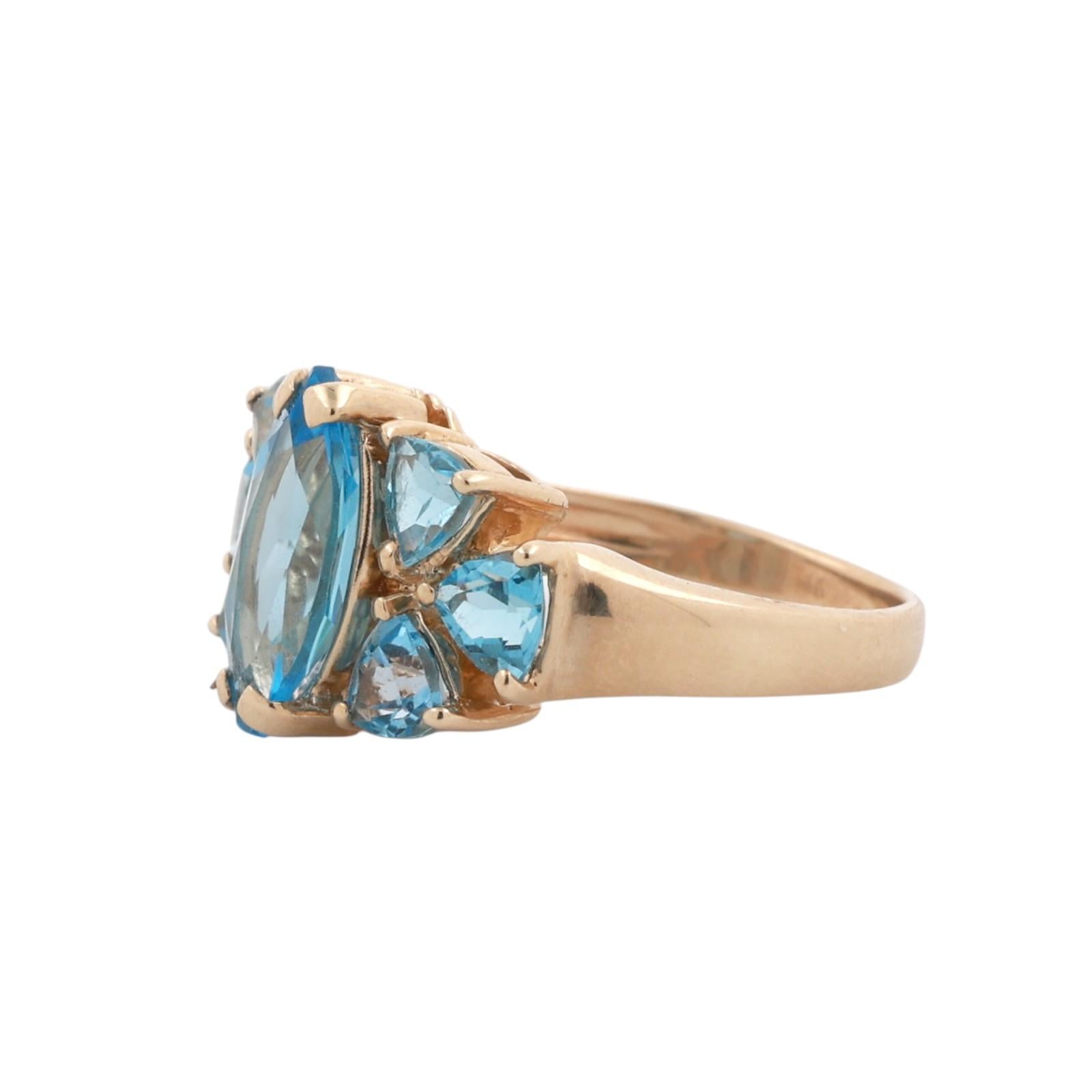 14K Yellow Gold 3.83CTW Blue Topaz Marquise & Trillion Cut Cocktail Ring Sz 6.5