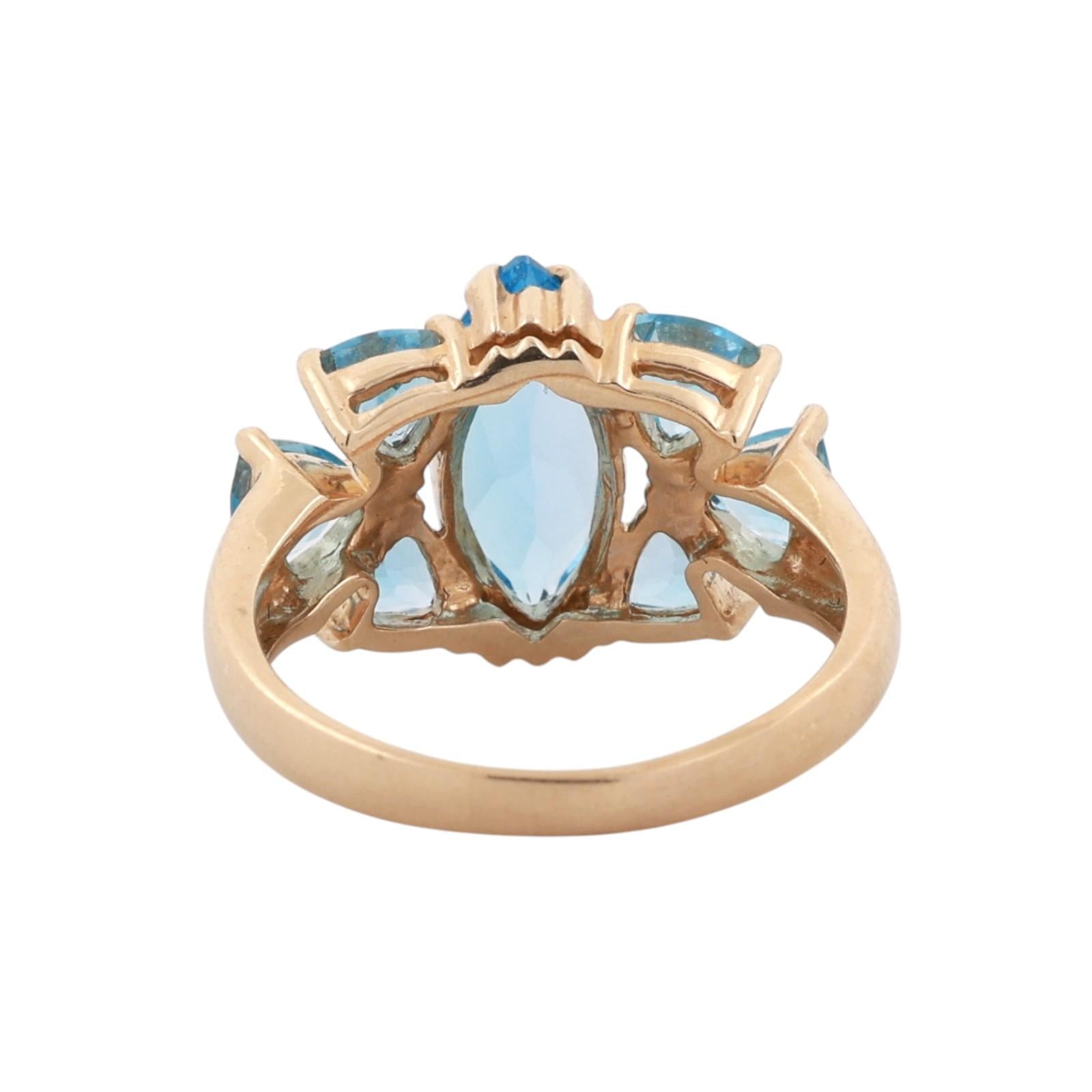 14K Yellow Gold 3.83CTW Blue Topaz Marquise & Trillion Cut Cocktail Ring Sz 6.5