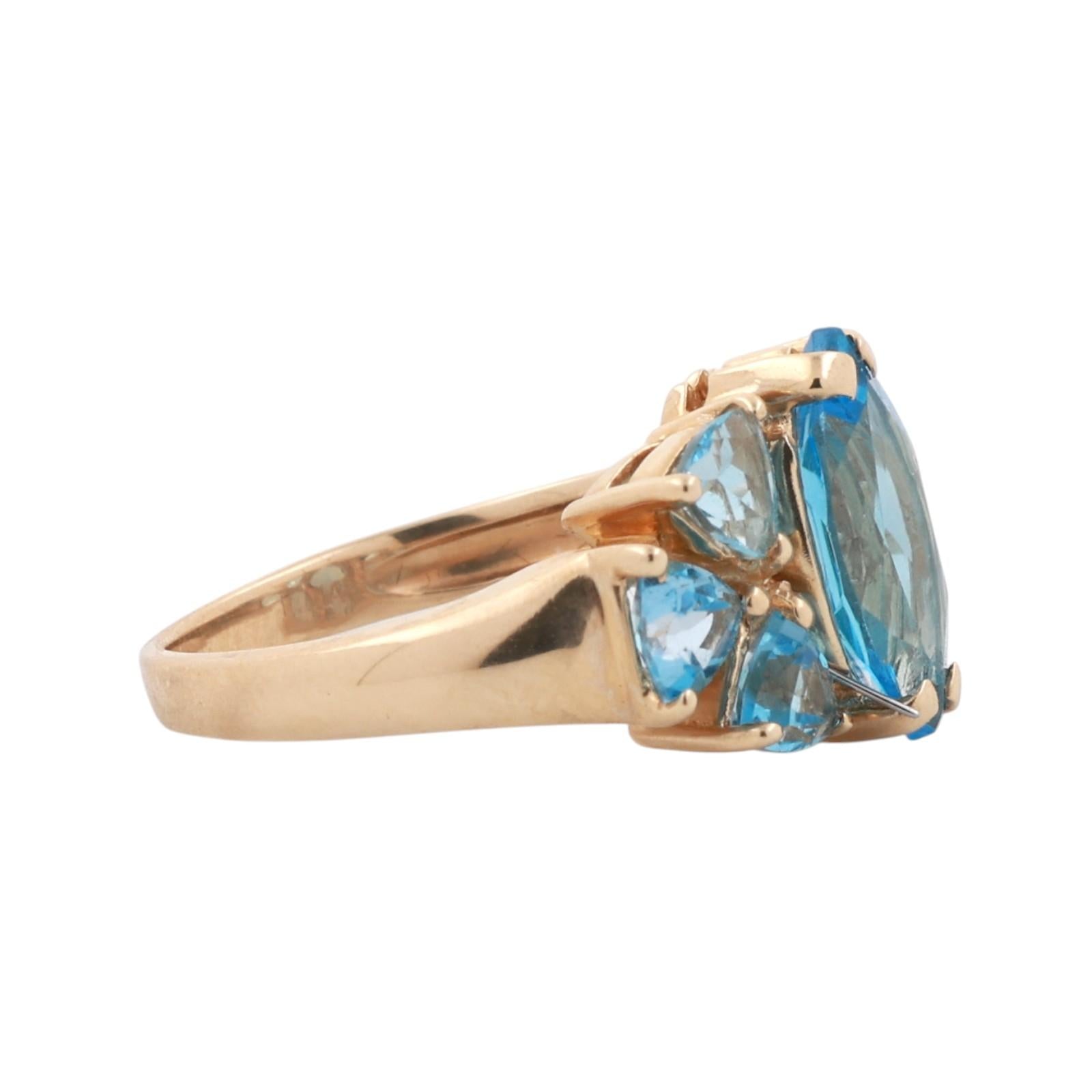 14K Yellow Gold 3.83CTW Blue Topaz Marquise & Trillion Cut Cocktail Ring Sz 6.5