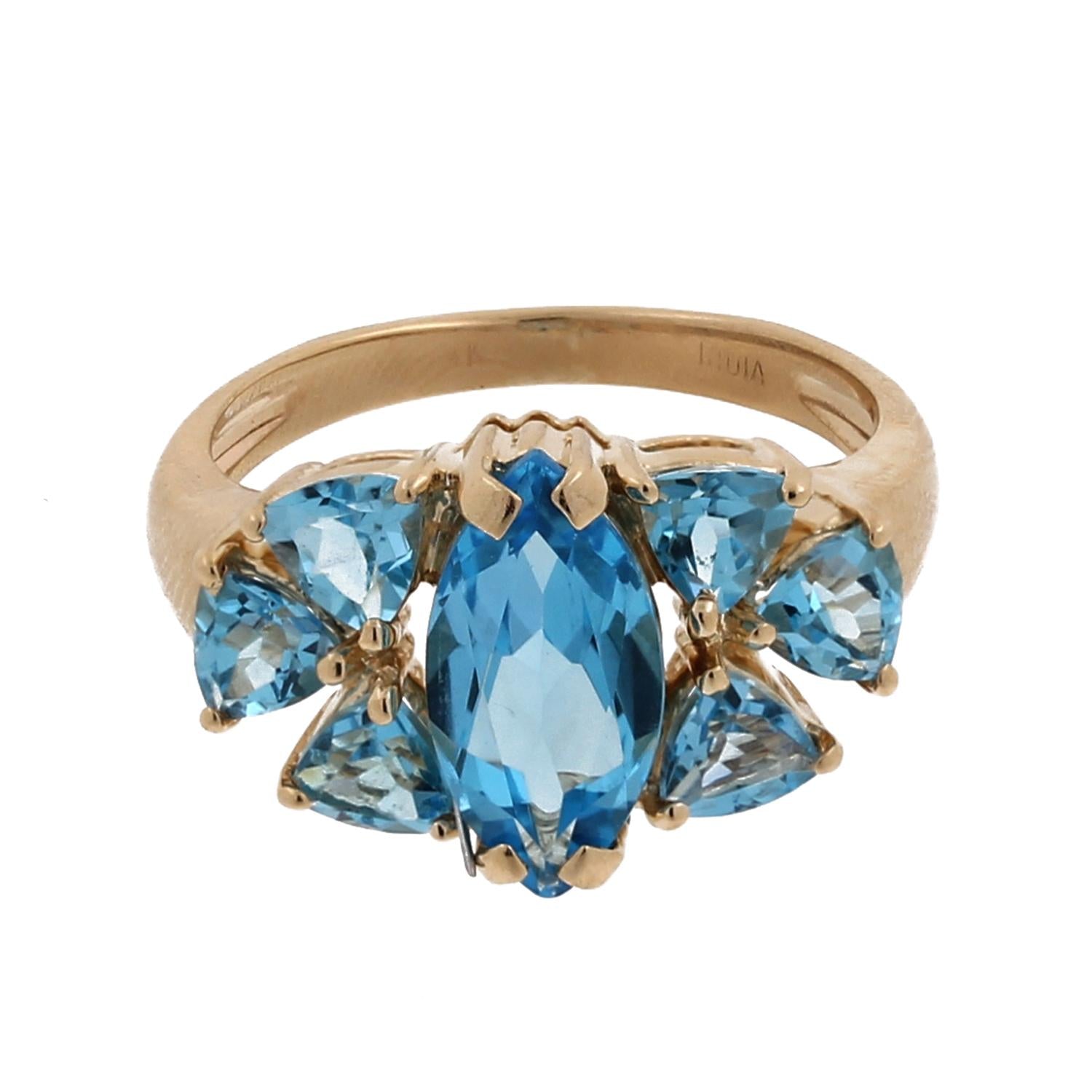 14K Yellow Gold 3.83CTW Blue Topaz Marquise & Trillion Cut Cocktail Ring Sz 6.5