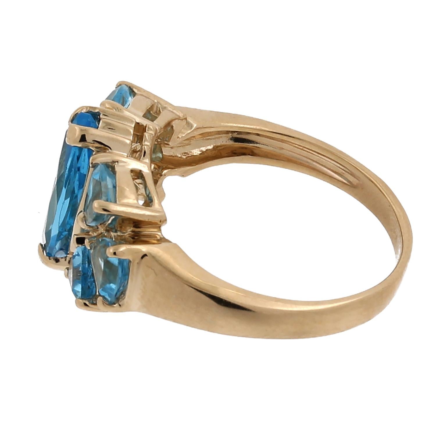 14K Yellow Gold 3.83CTW Blue Topaz Marquise & Trillion Cut Cocktail Ring Sz 6.5