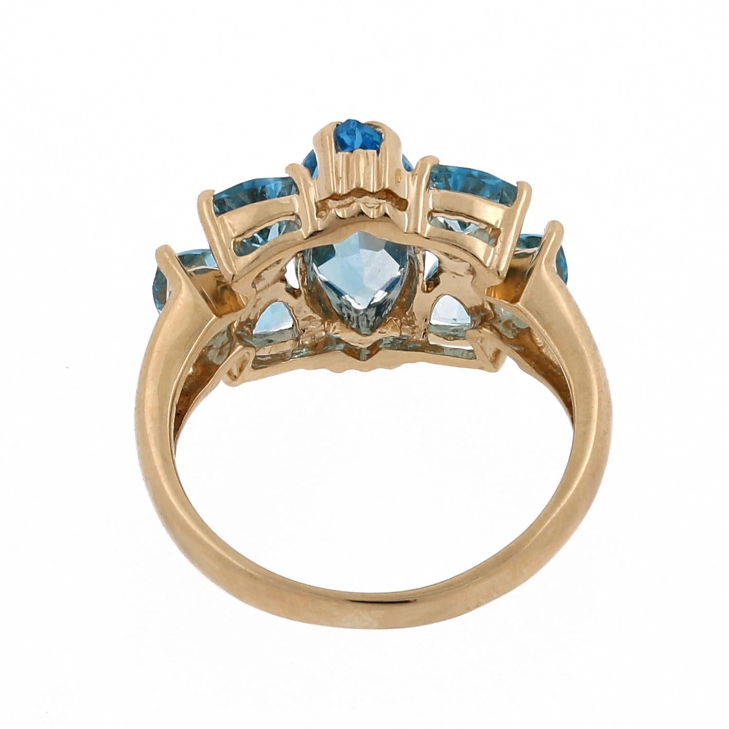 14K Yellow Gold 3.83CTW Blue Topaz Marquise & Trillion Cut Cocktail Ring Sz 6.5
