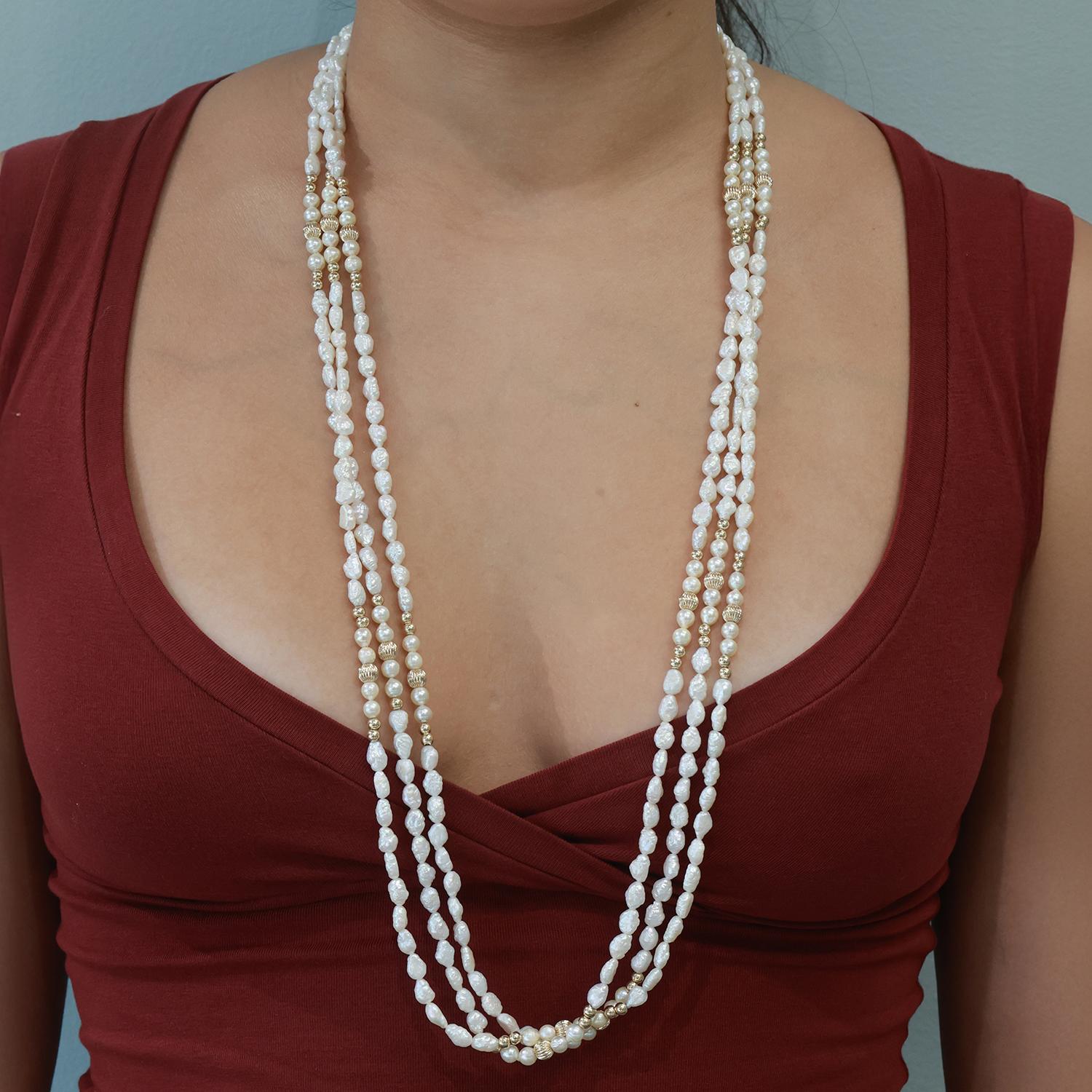 3-Strand Freshwater Pearl Necklace 14K Yellow Gold Beads 34" Vintage Estate