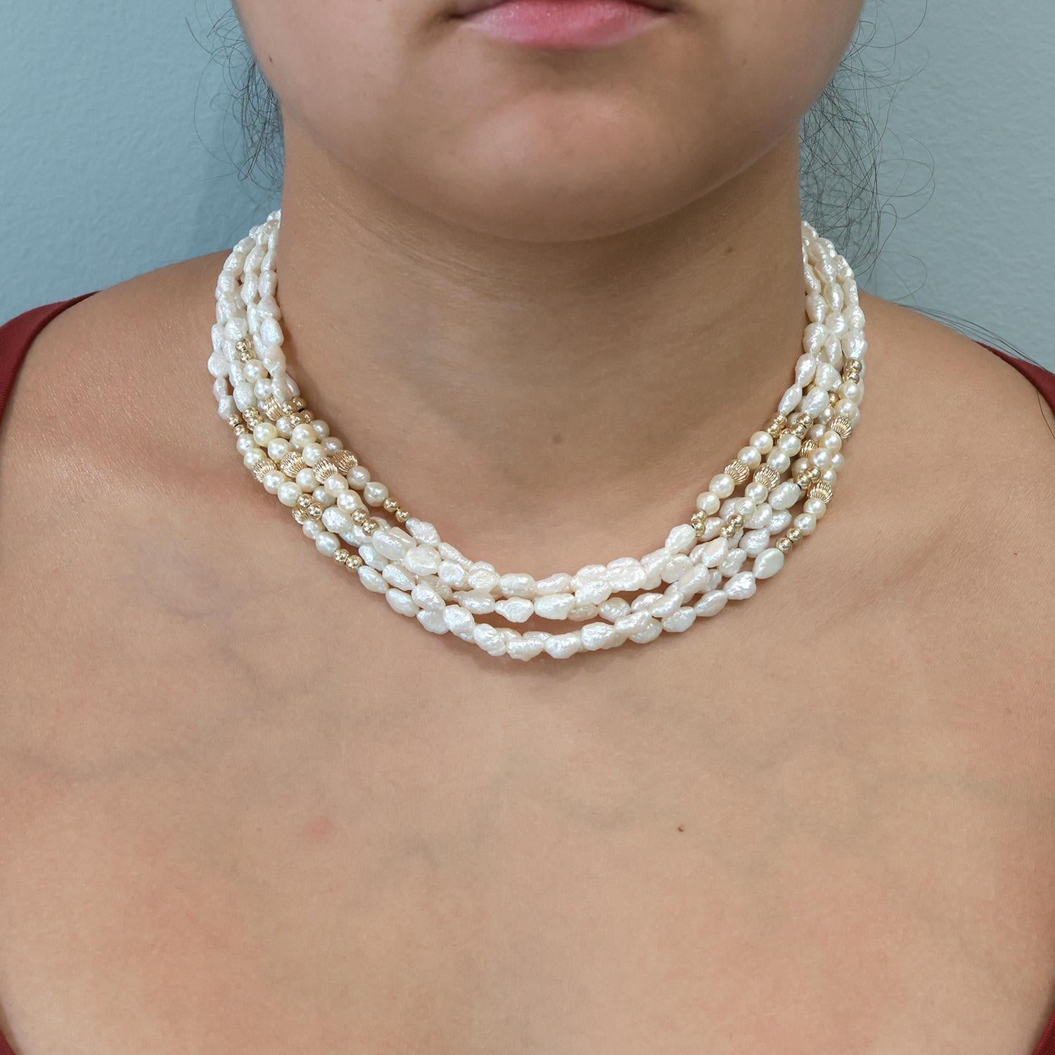 3-Strand Freshwater Pearl Necklace 14K Yellow Gold Beads 34" Vintage Estate