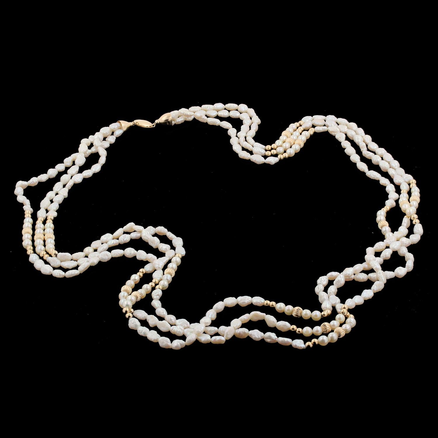 3-Strand Freshwater Pearl Necklace 14K Yellow Gold Beads 34" Vintage Estate