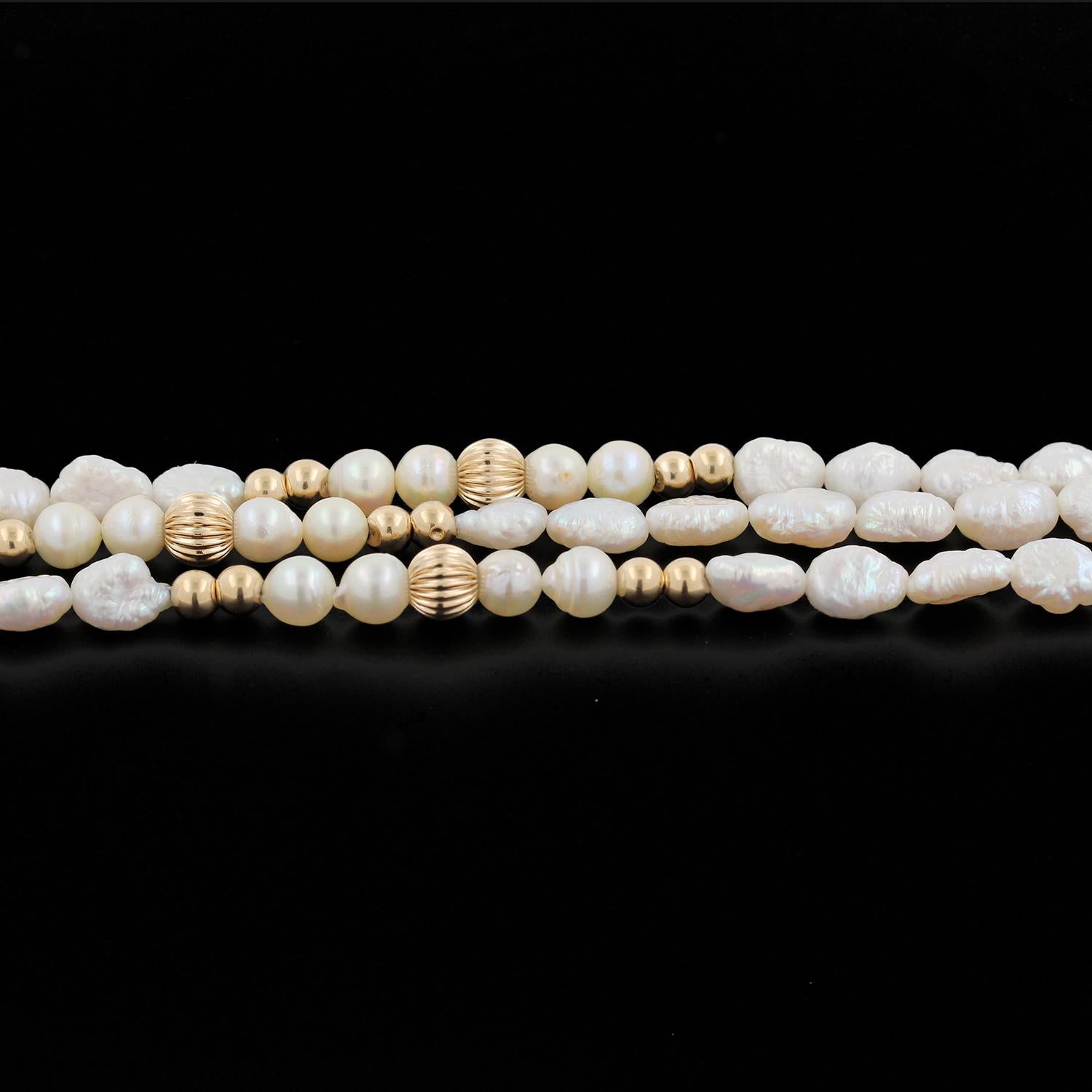 3-Strand Freshwater Pearl Necklace 14K Yellow Gold Beads 34" Vintage Estate