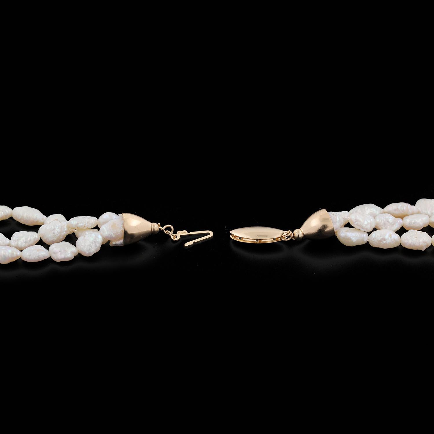 3-Strand Freshwater Pearl Necklace 14K Yellow Gold Beads 34" Vintage Estate