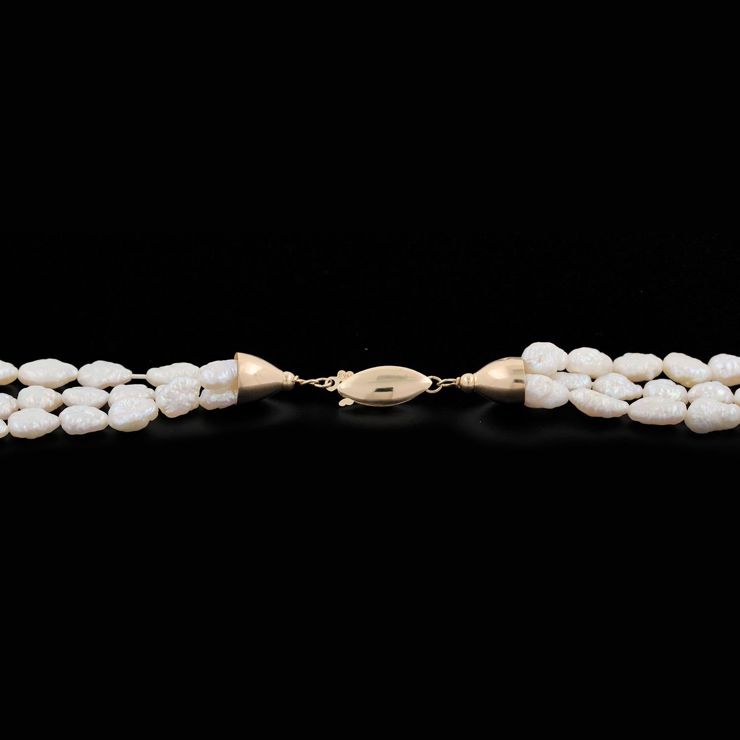 3-Strand Freshwater Pearl Necklace 14K Yellow Gold Beads 34" Vintage Estate