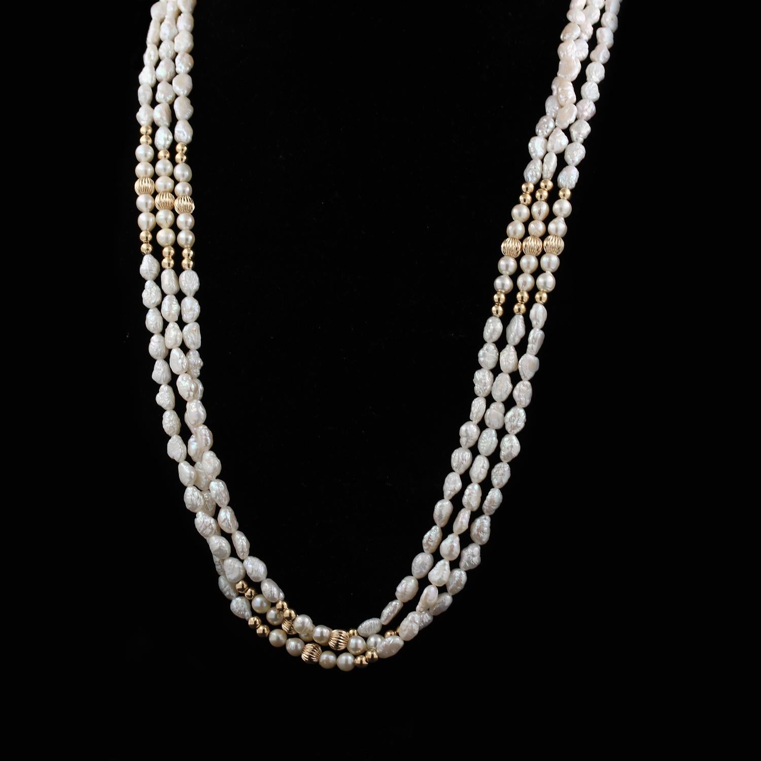 3-Strand Freshwater Pearl Necklace 14K Yellow Gold Beads 34" Vintage Estate
