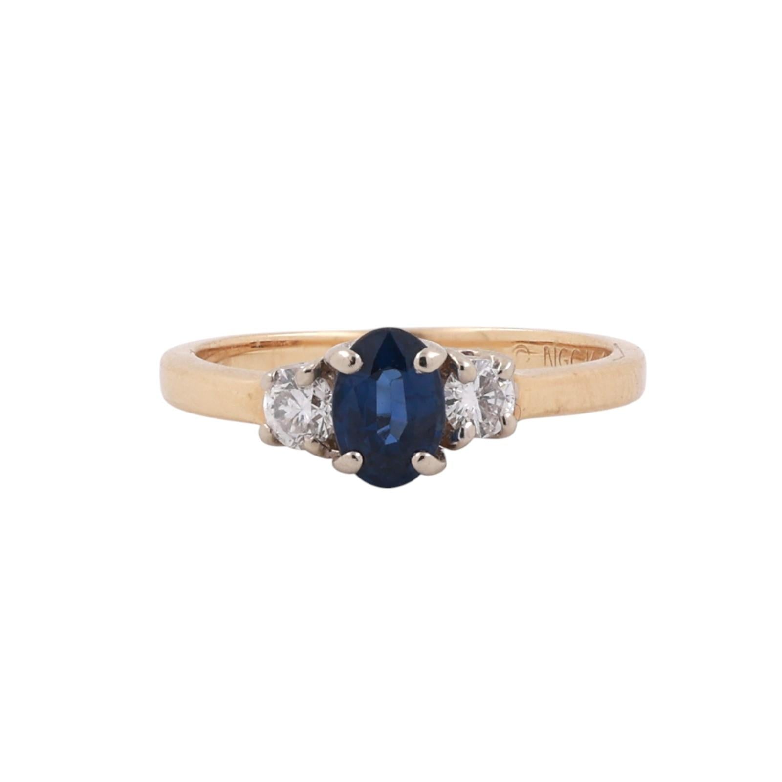 14K Gold Natural Blue Sapphire Diamond Ring 0.90ct TW Oval 3 Stone Engagement