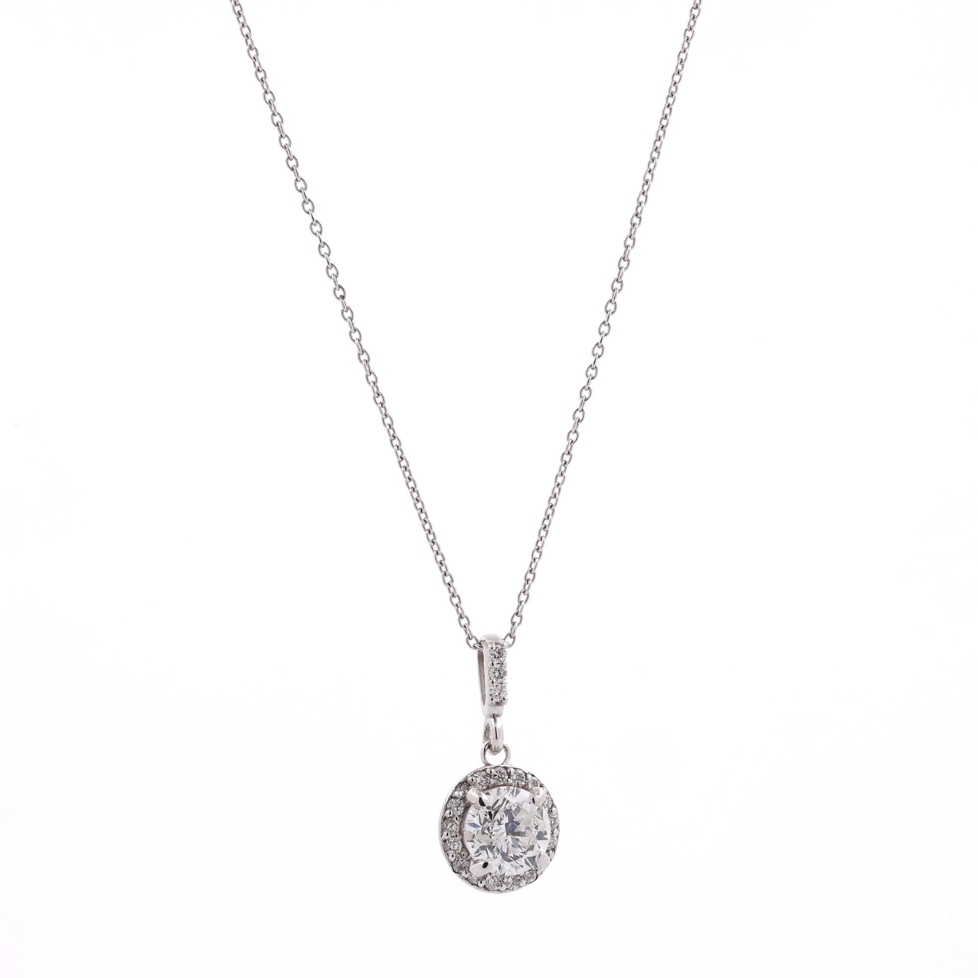 Solitaire Round Halo Diamond Pendant 0.80 TW 14K White Gold Cable Chain 16"