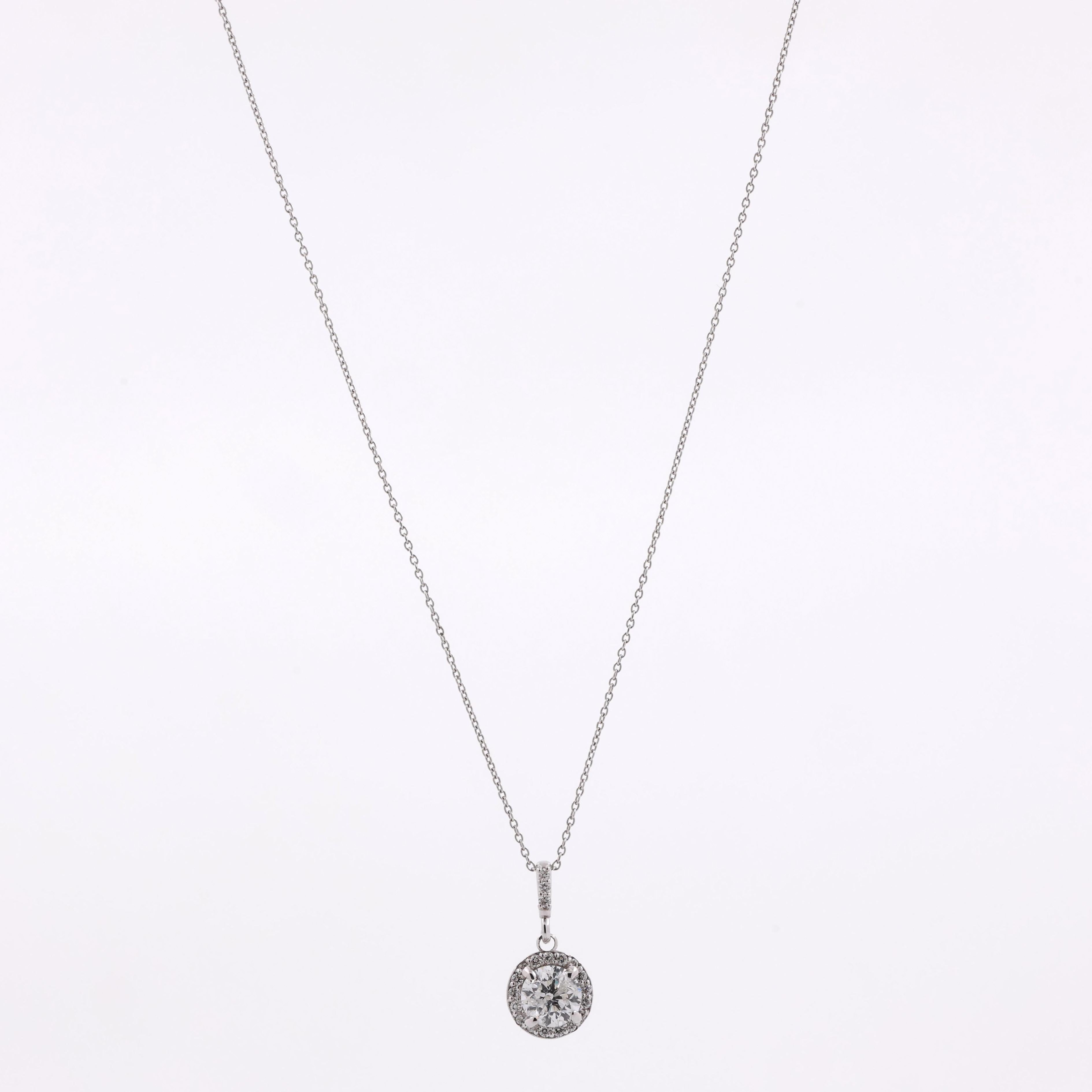 Solitaire Round Halo Diamond Pendant 0.80 TW 14K White Gold Cable Chain 16"
