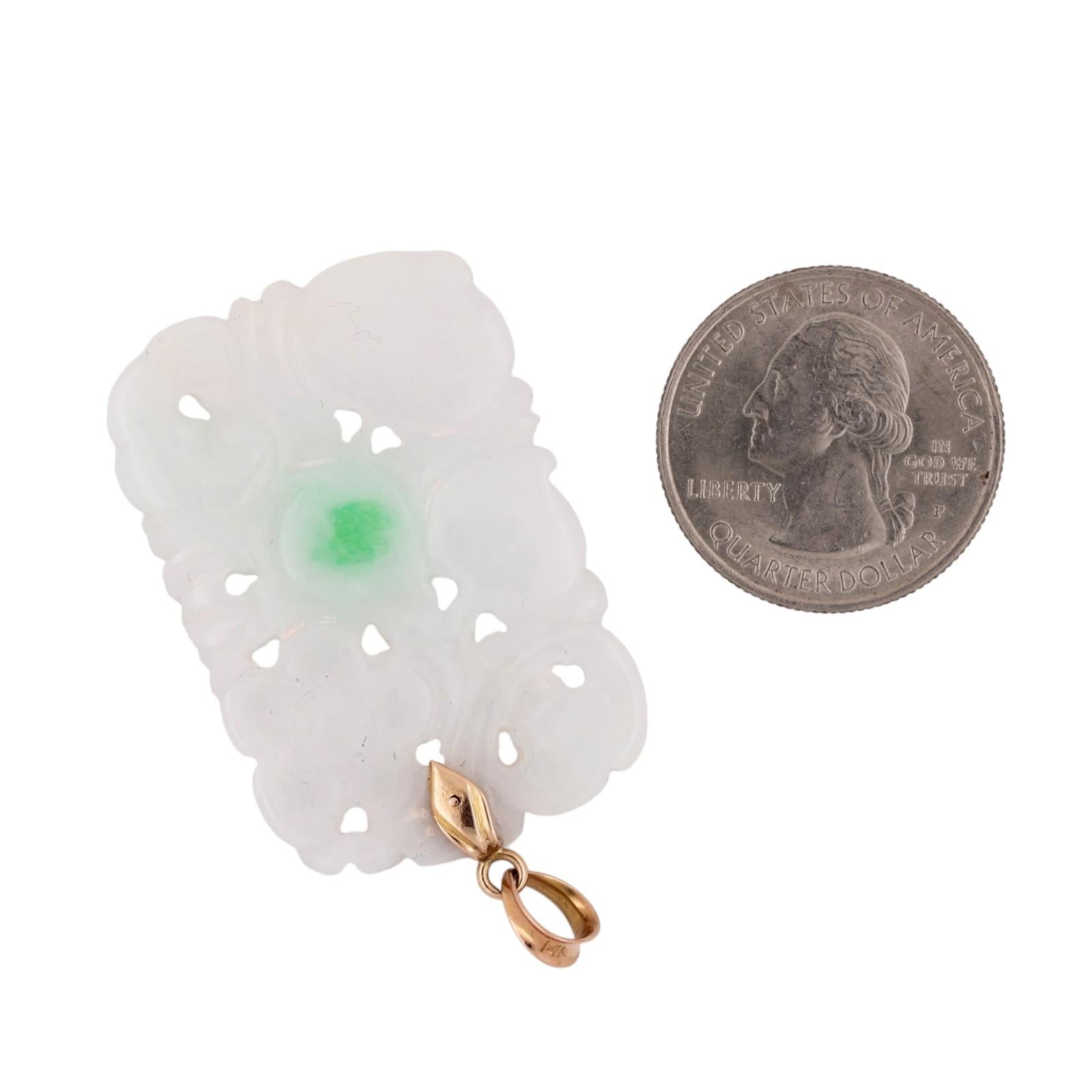 Vintage Carved White & Green Jade Pendant 14K Yellow Gold Unisex Estate 2"