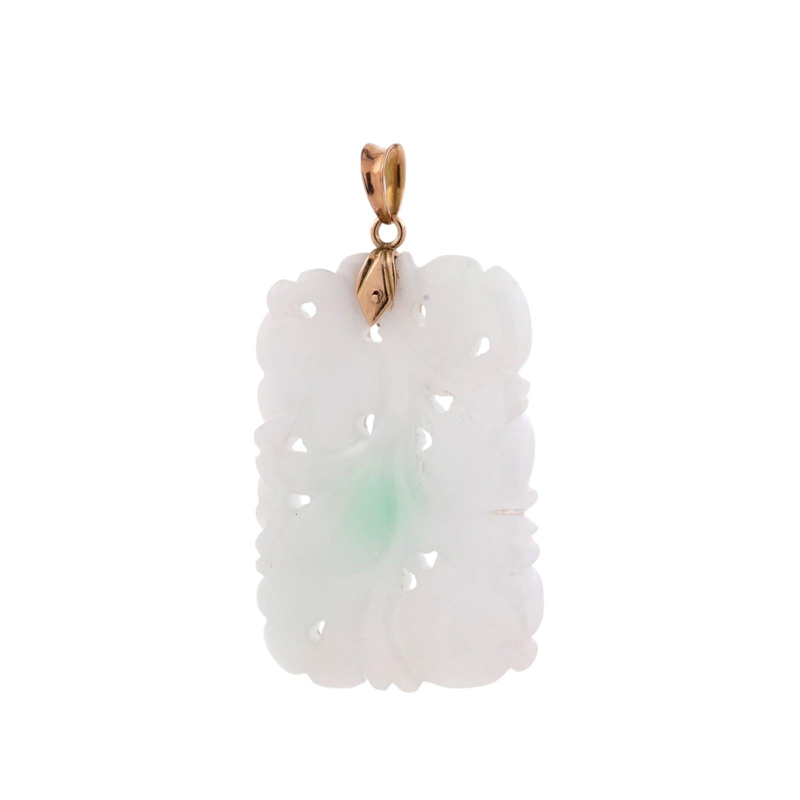 Vintage Carved White & Green Jade Pendant 14K Yellow Gold Unisex Estate 2"