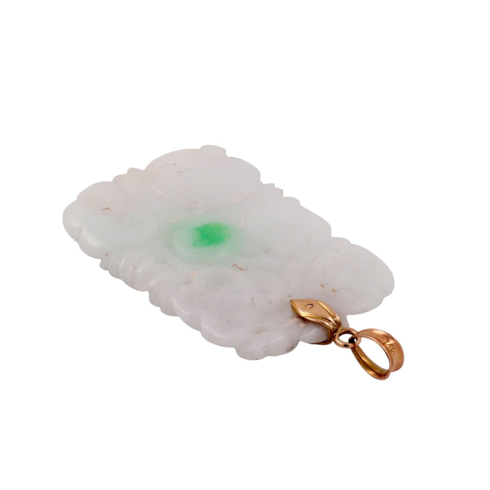Vintage Carved White & Green Jade Pendant 14K Yellow Gold Unisex Estate 2"