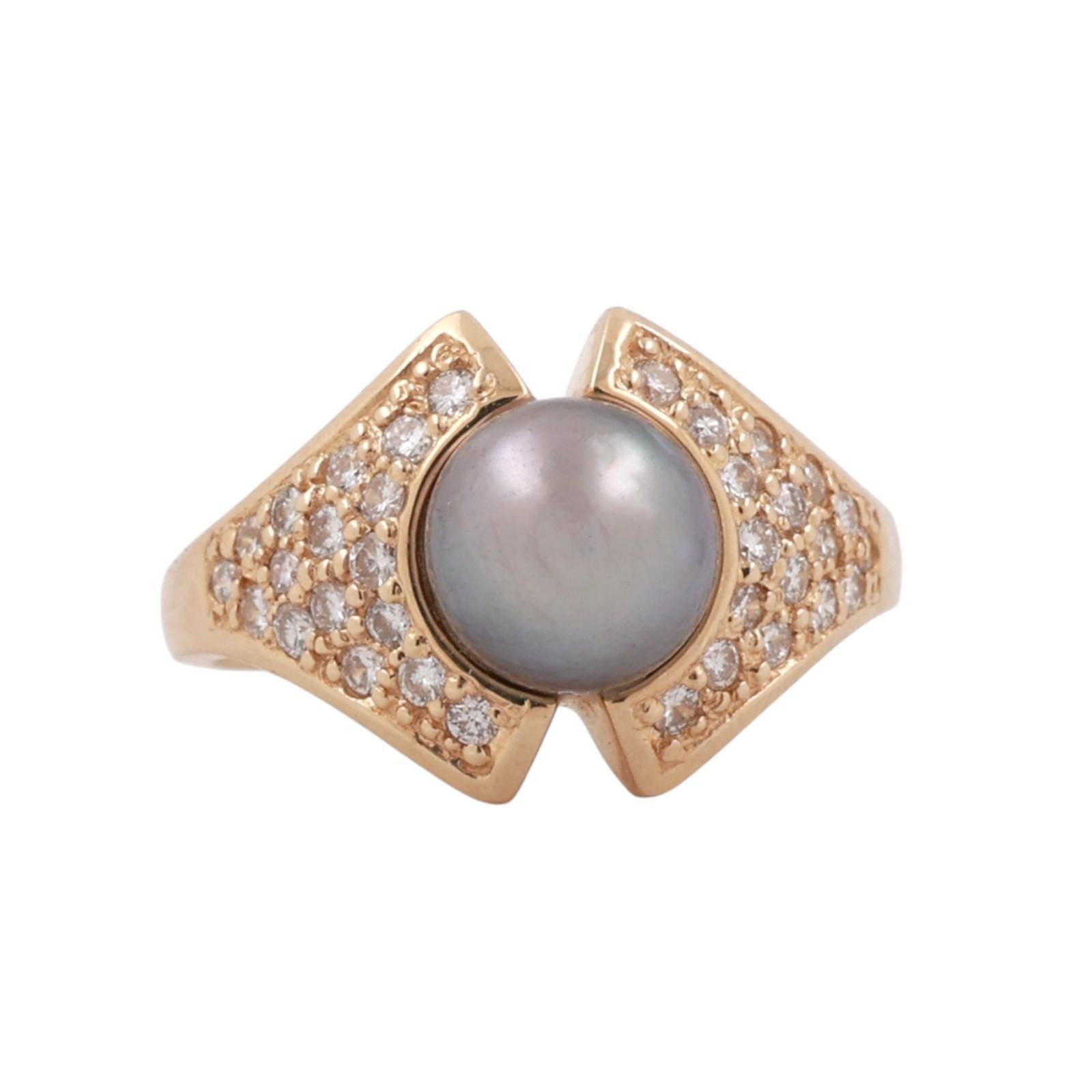 14K Yellow Gold South Sea Pearl Diamond Ring 0.70 TW 8mm Pearl Statement Size 7