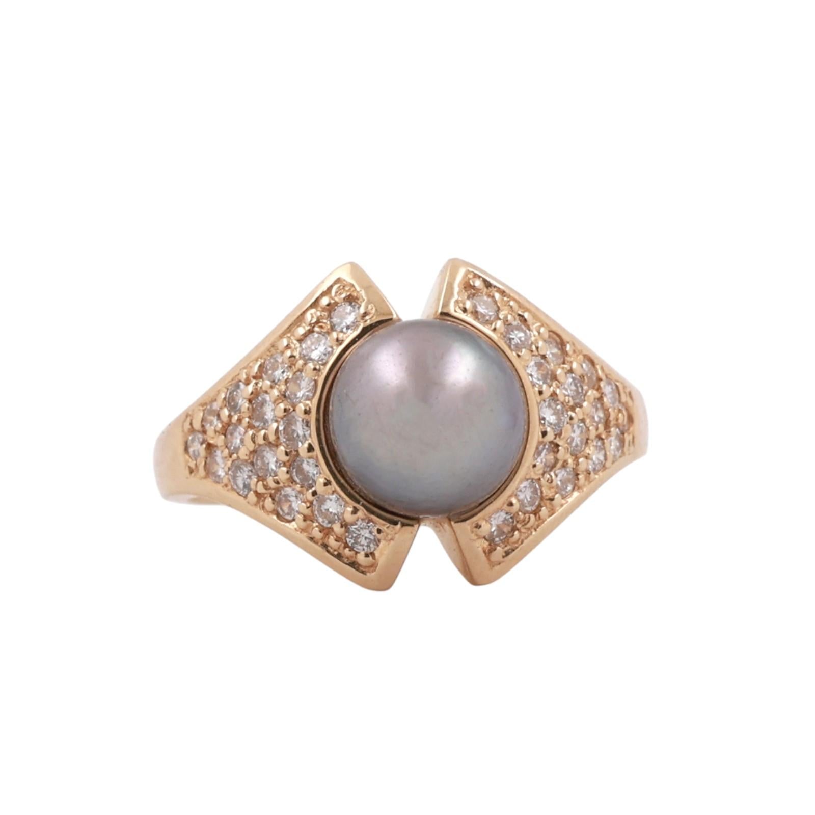 14K Yellow Gold South Sea Pearl Diamond Ring 0.70 TW 8mm Pearl Statement Size 7