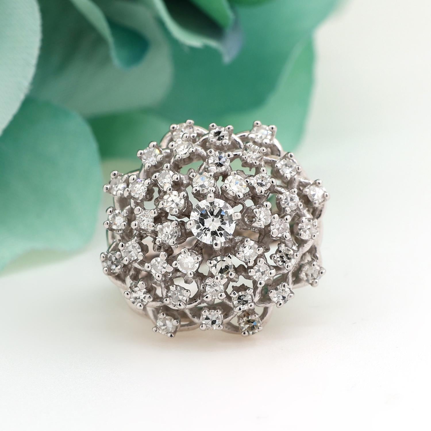 Cluster Diamond Dome Ring 14K White Gold 1.57 TW Flower Size 6 Ladies Estate
