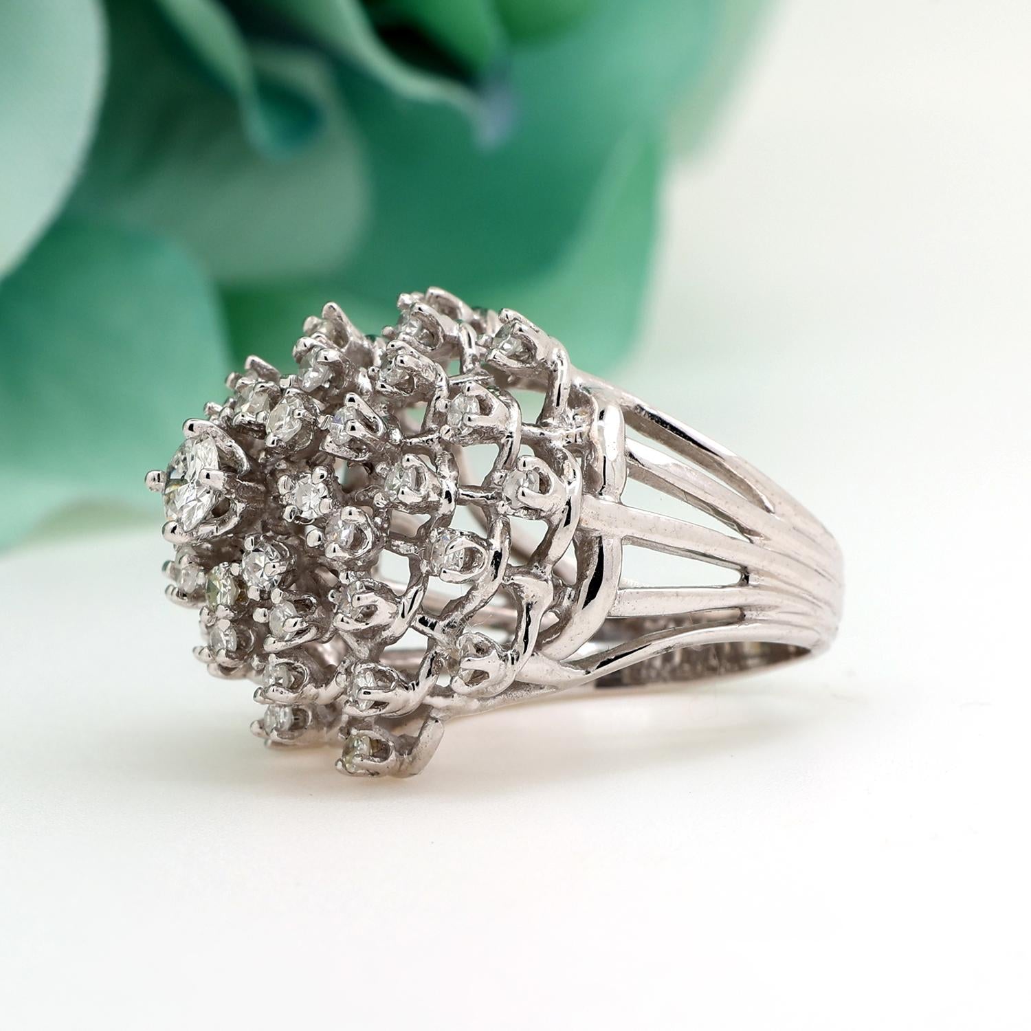 Cluster Diamond Dome Ring 14K White Gold 1.57 TW Flower Size 6 Ladies Estate