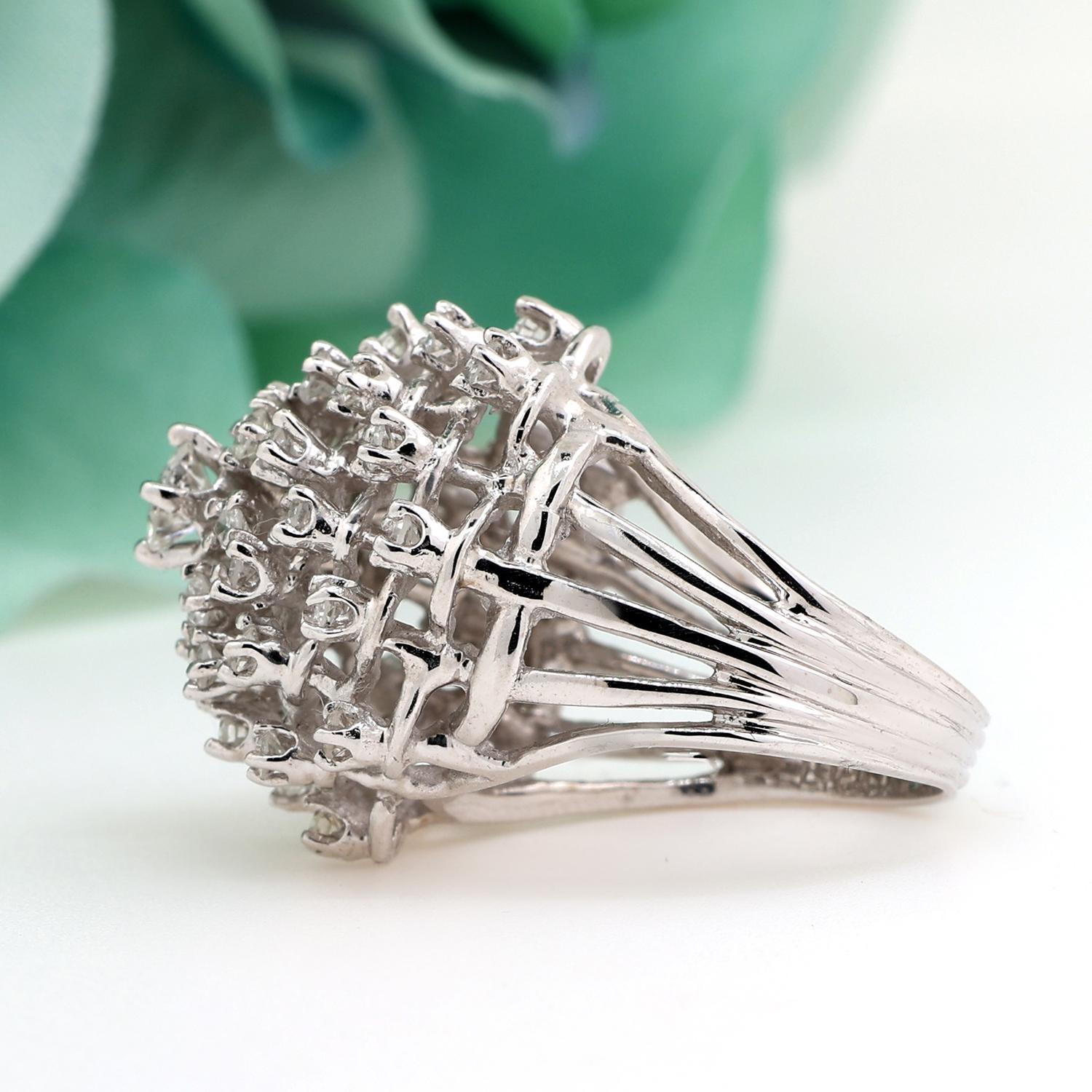Cluster Diamond Dome Ring 14K White Gold 1.57 TW Flower Size 6 Ladies Estate