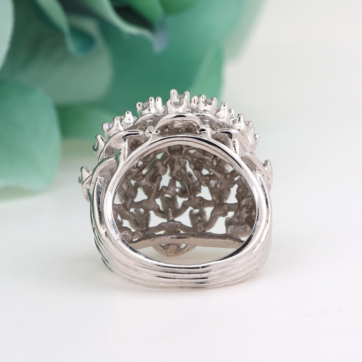Cluster Diamond Dome Ring 14K White Gold 1.57 TW Flower Size 6 Ladies Estate