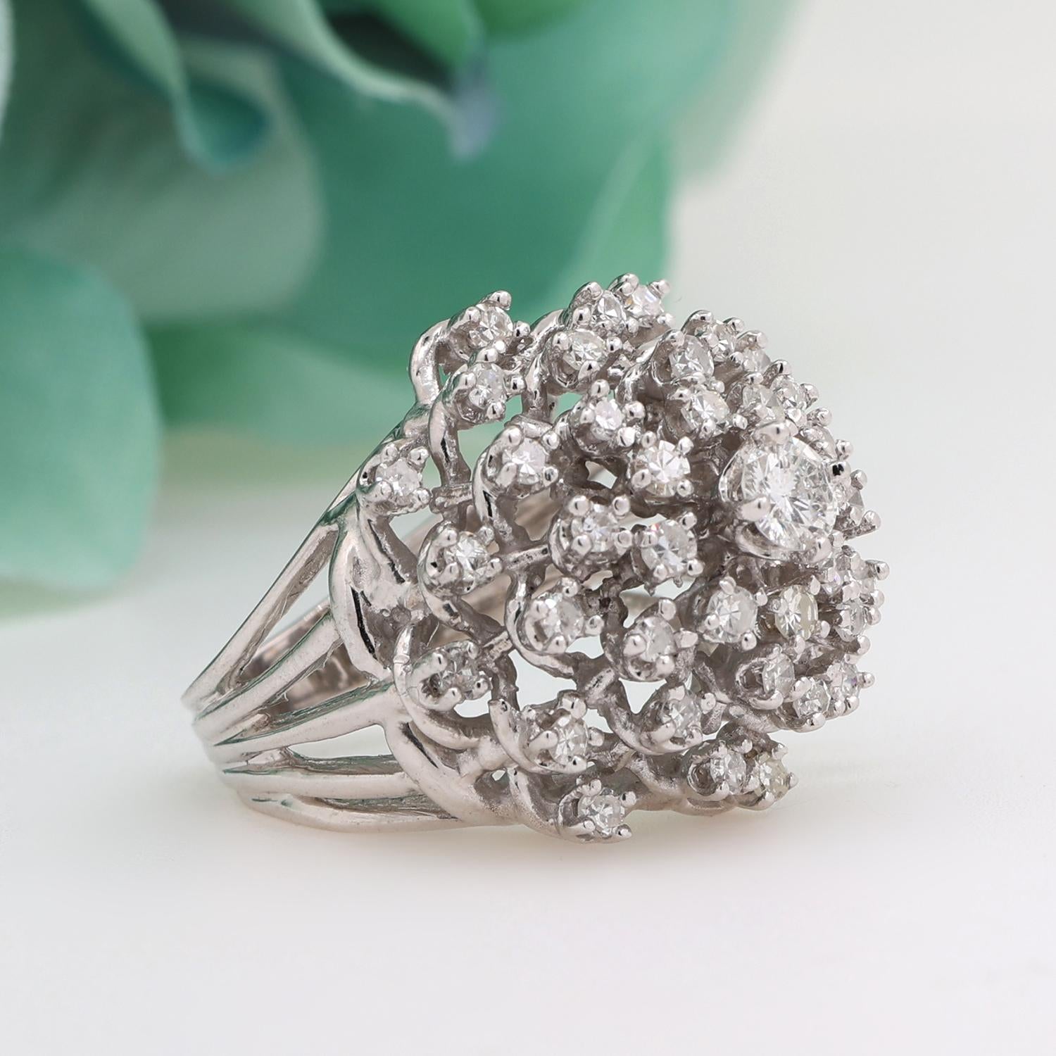 Cluster Diamond Dome Ring 14K White Gold 1.57 TW Flower Size 6 Ladies Estate
